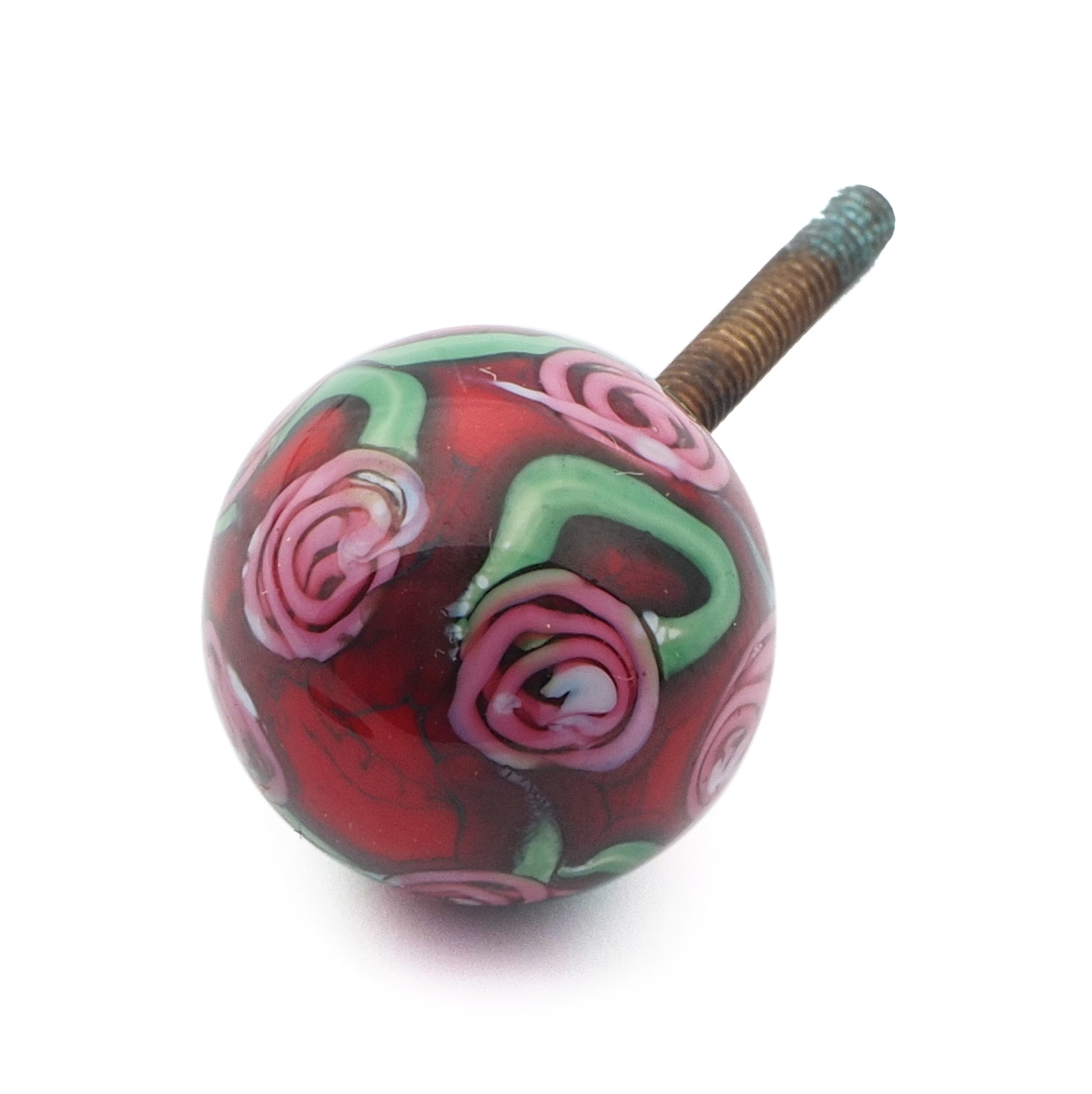 Vintage Czech pink floral red lampwork glass ball chandelier finial screw thread bead