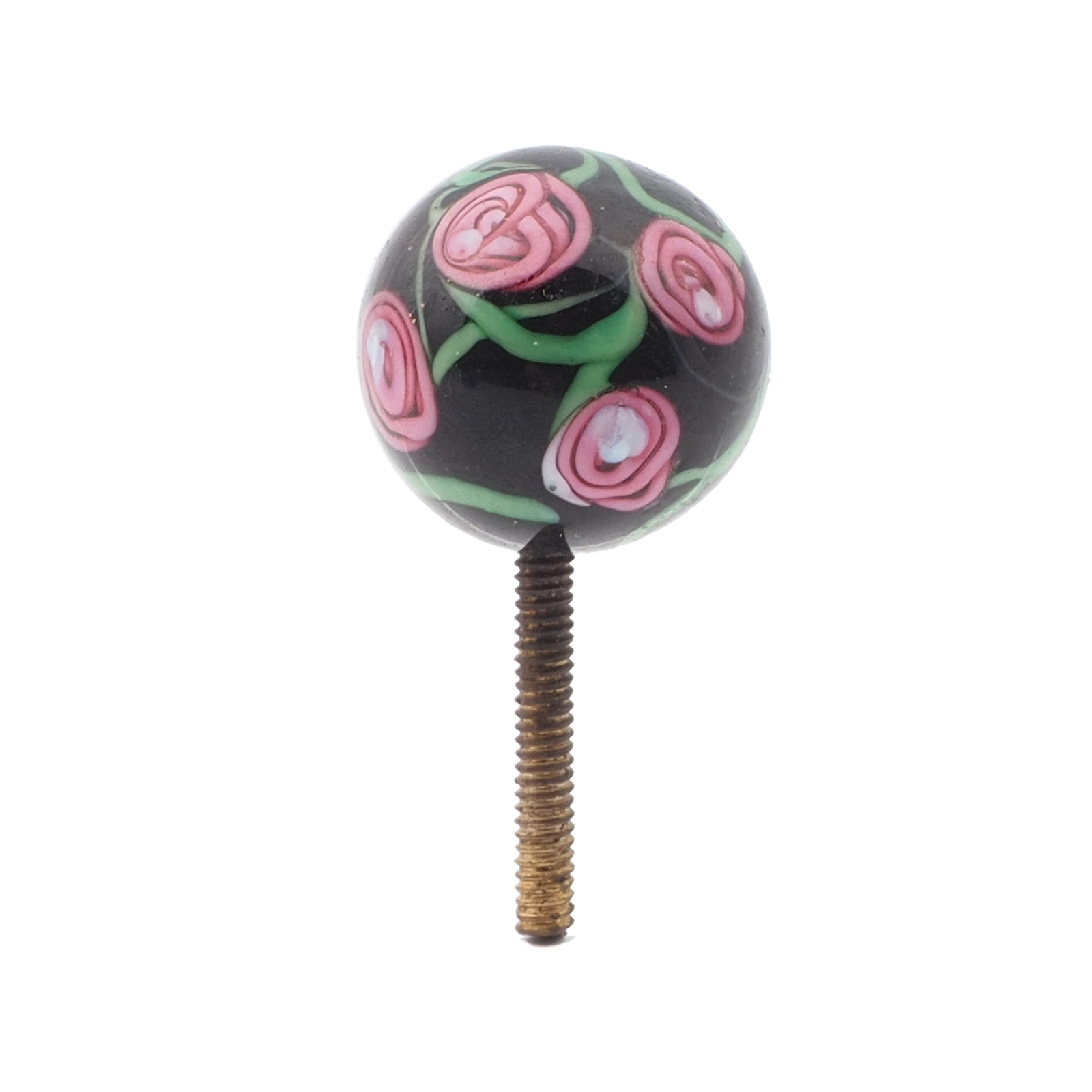 Vintage Czech pink floral black lampwork glass ball chandelier finial screw thread bead