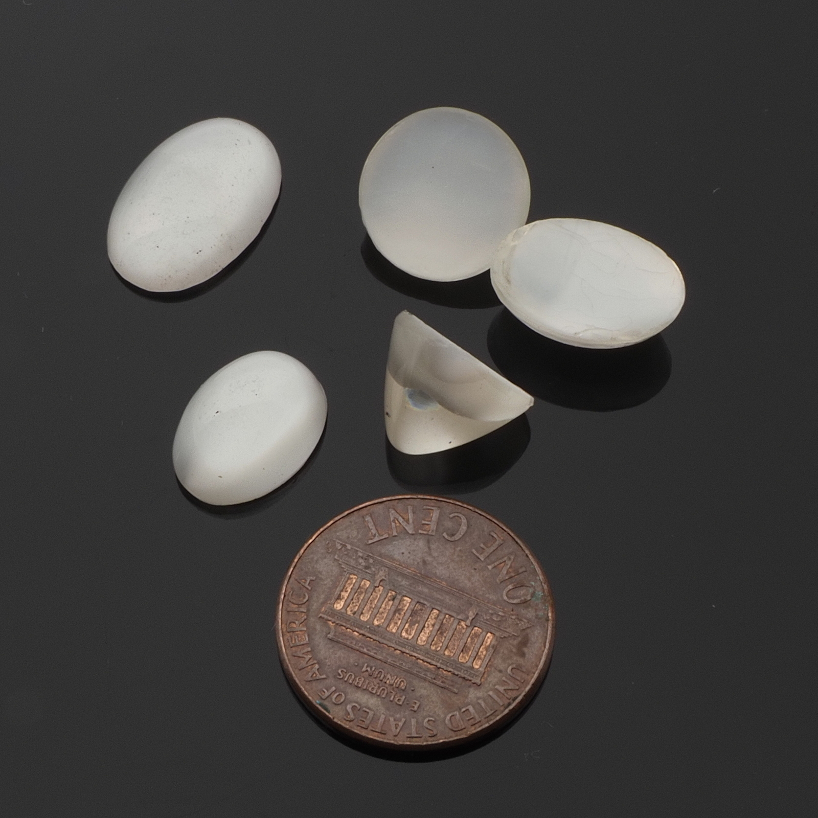 Lot (5) Czech vintage white satin moonglow glass cabochons