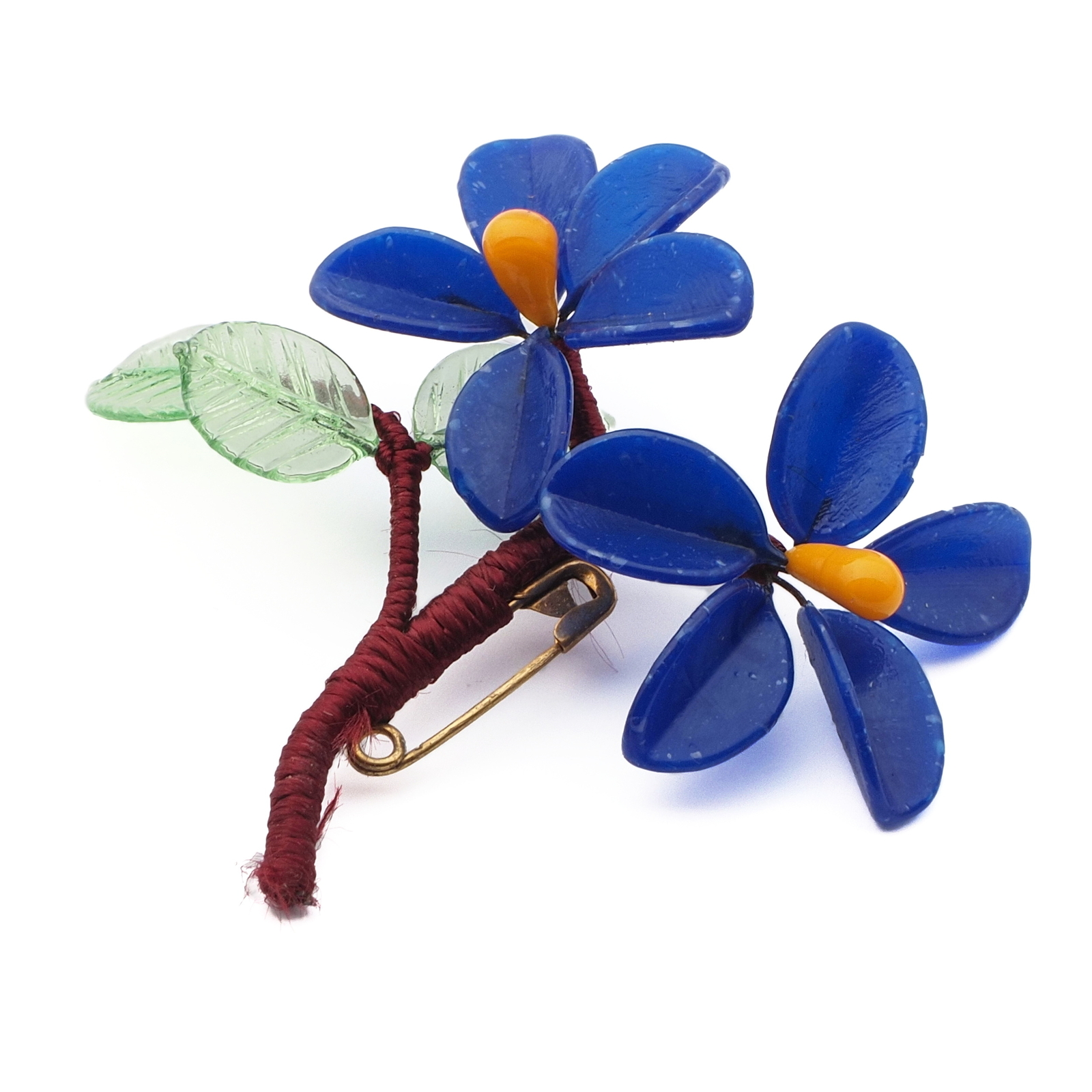 Vintage Czech lampwork glass bead double dark blue flower pin brooch