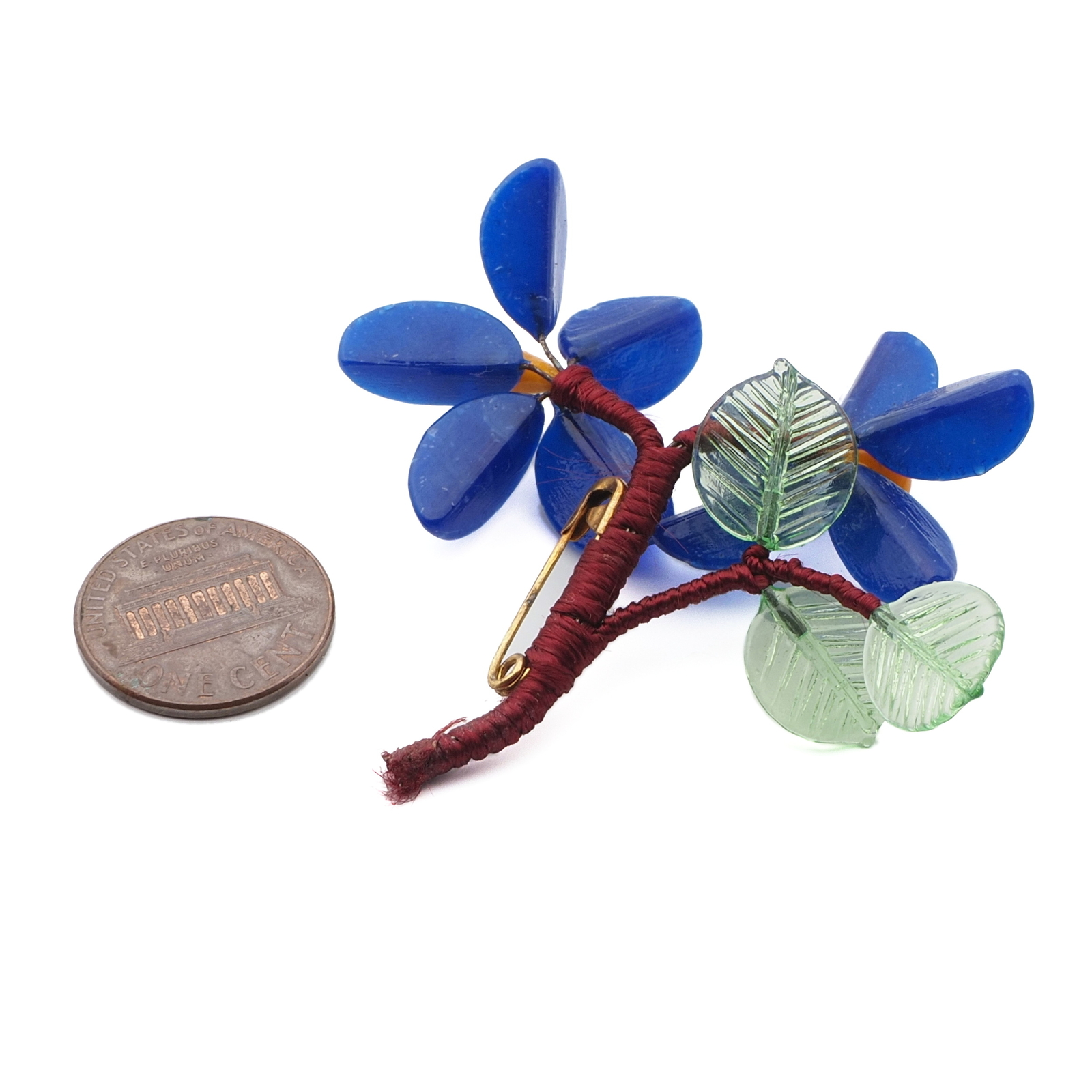 Vintage Czech lampwork glass bead double dark blue flower pin brooch