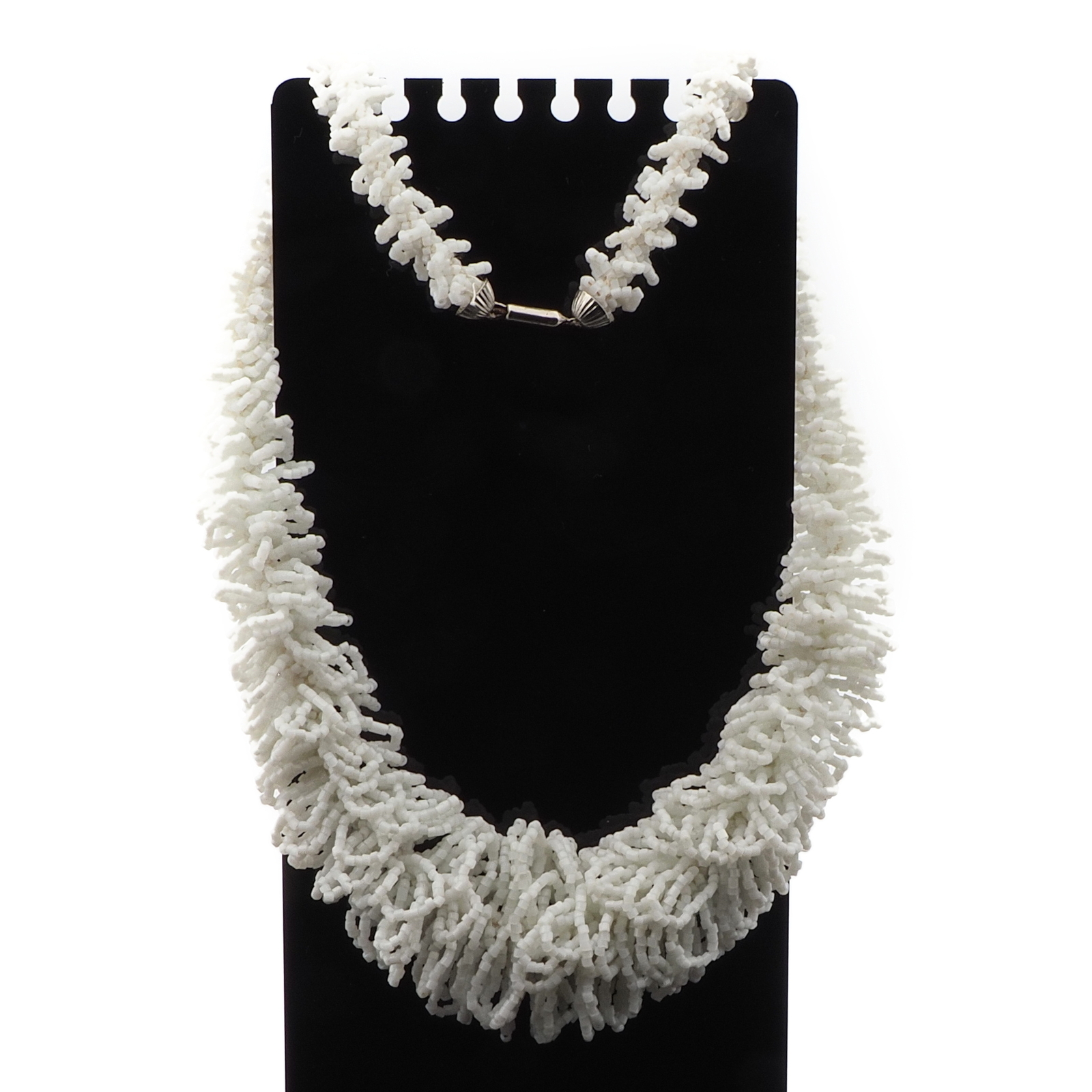 Vintage Czech knitted necklace white satin rondelle seed glass beads