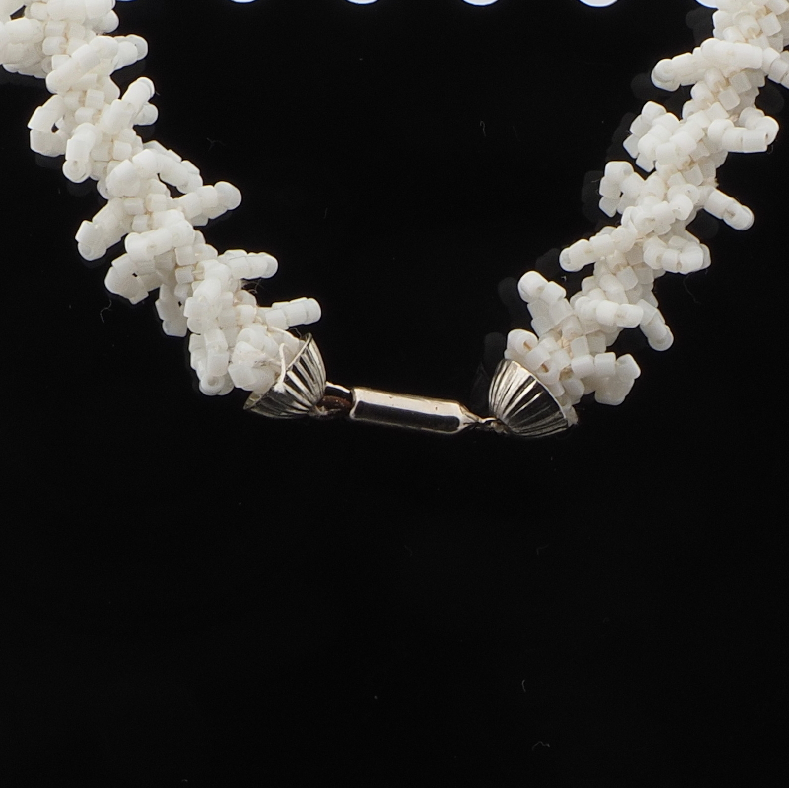Vintage Czech knitted necklace white satin rondelle seed glass beads