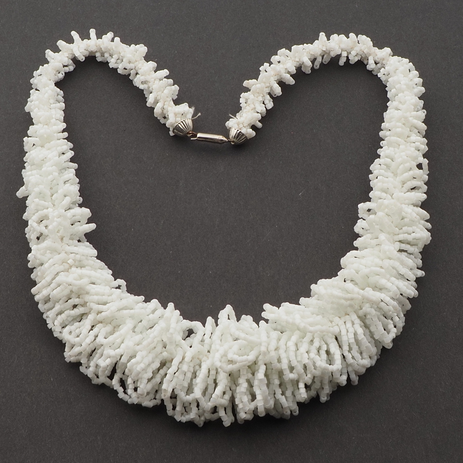 Vintage Czech knitted necklace white satin rondelle seed glass beads
