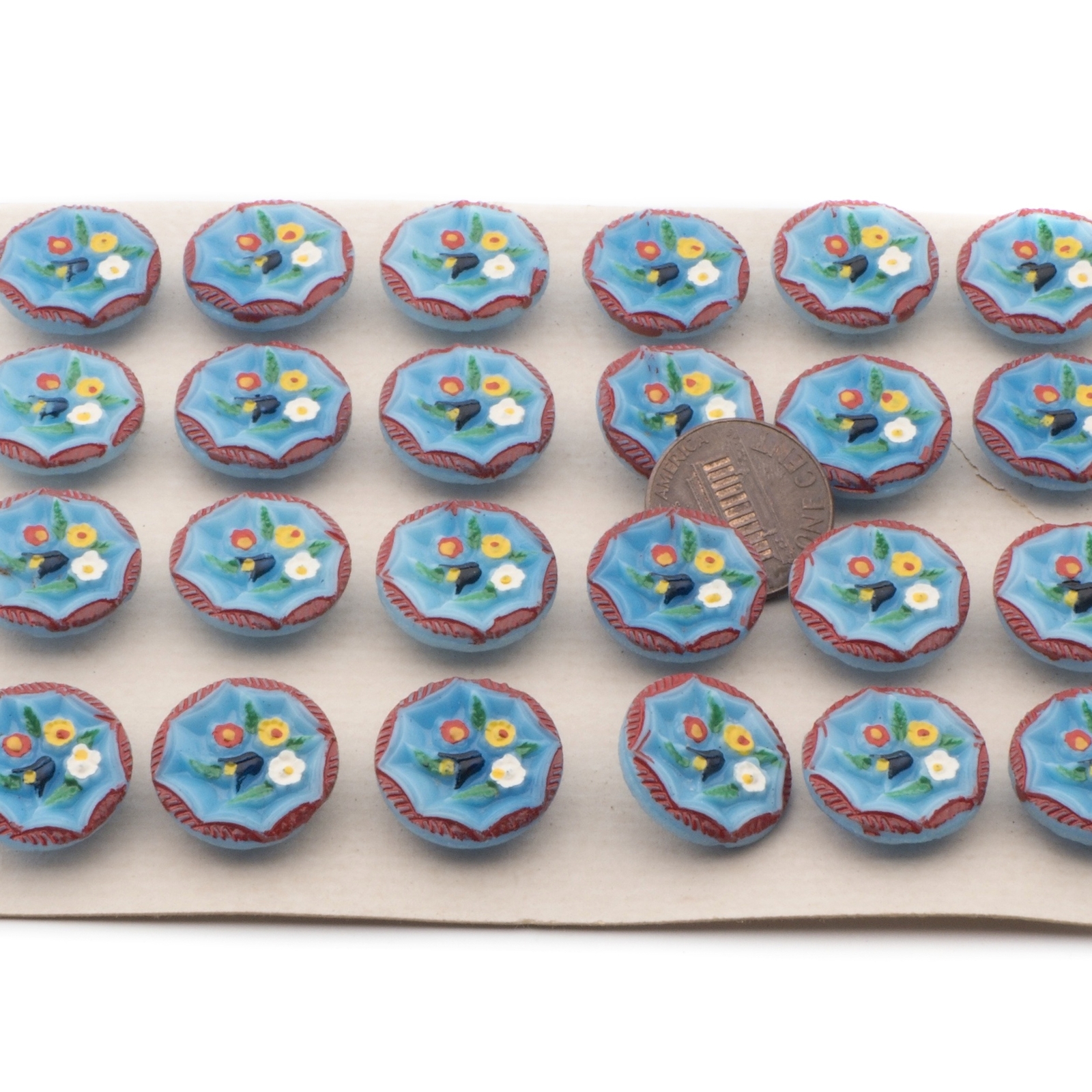 Card 18 mm Czech Vintage Deco geometric painted spiral blue glass buttons 24 