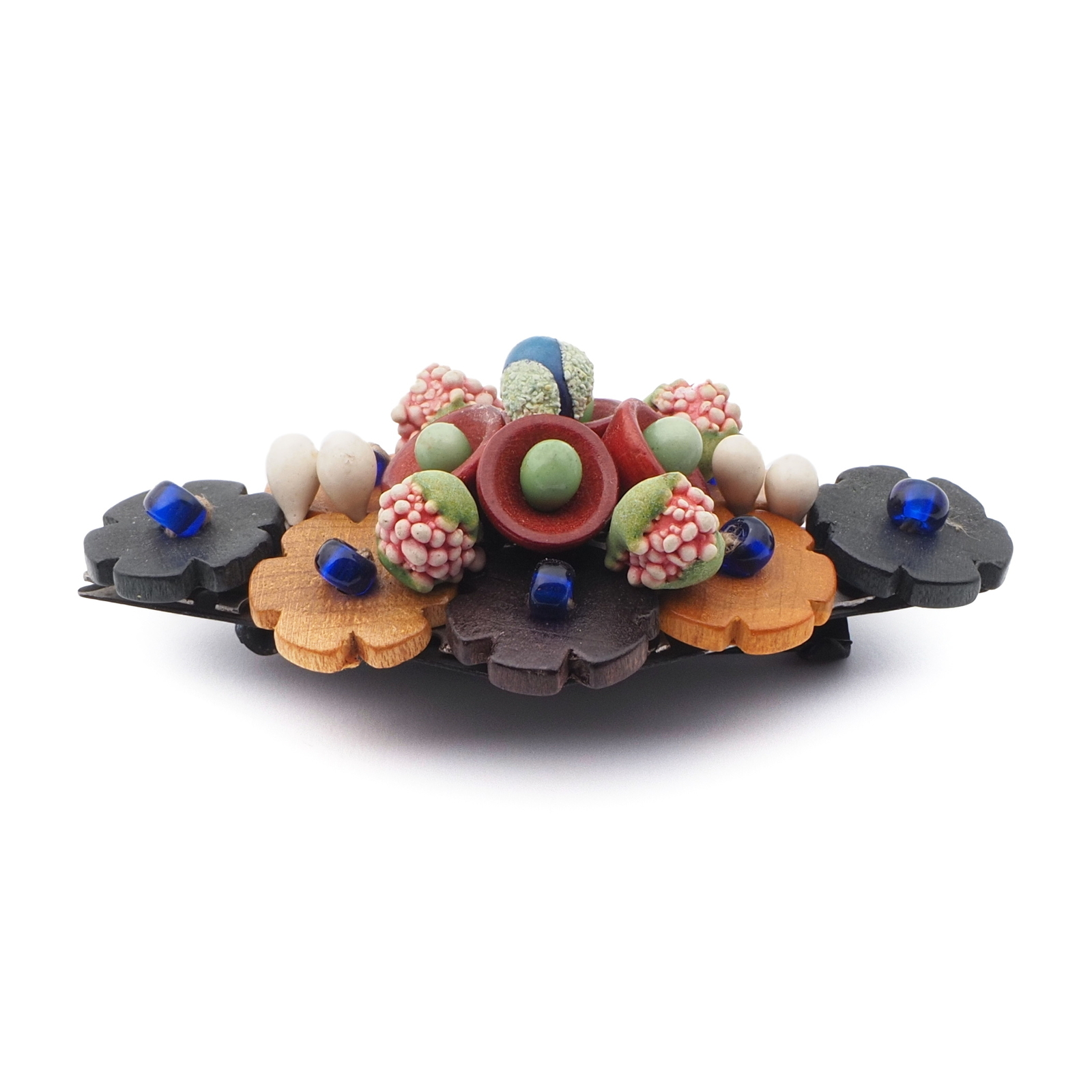 Vintage Czech pin brooch Schowanek wood flower berry beads