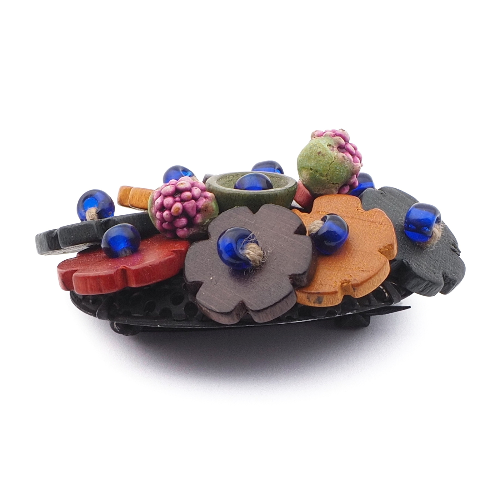 Vintage Czech pin brooch Schowanek wood flower berry seed beads