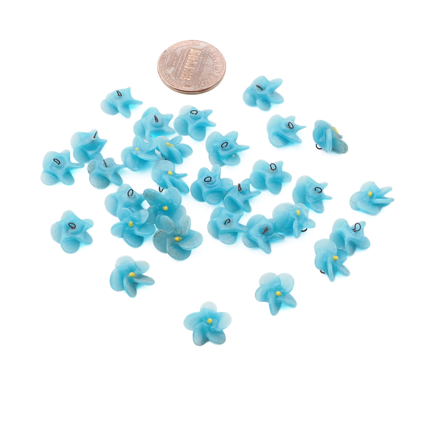 Lot (31) Czech antique turquoise blue lampwork glass flower beads drops 11mm