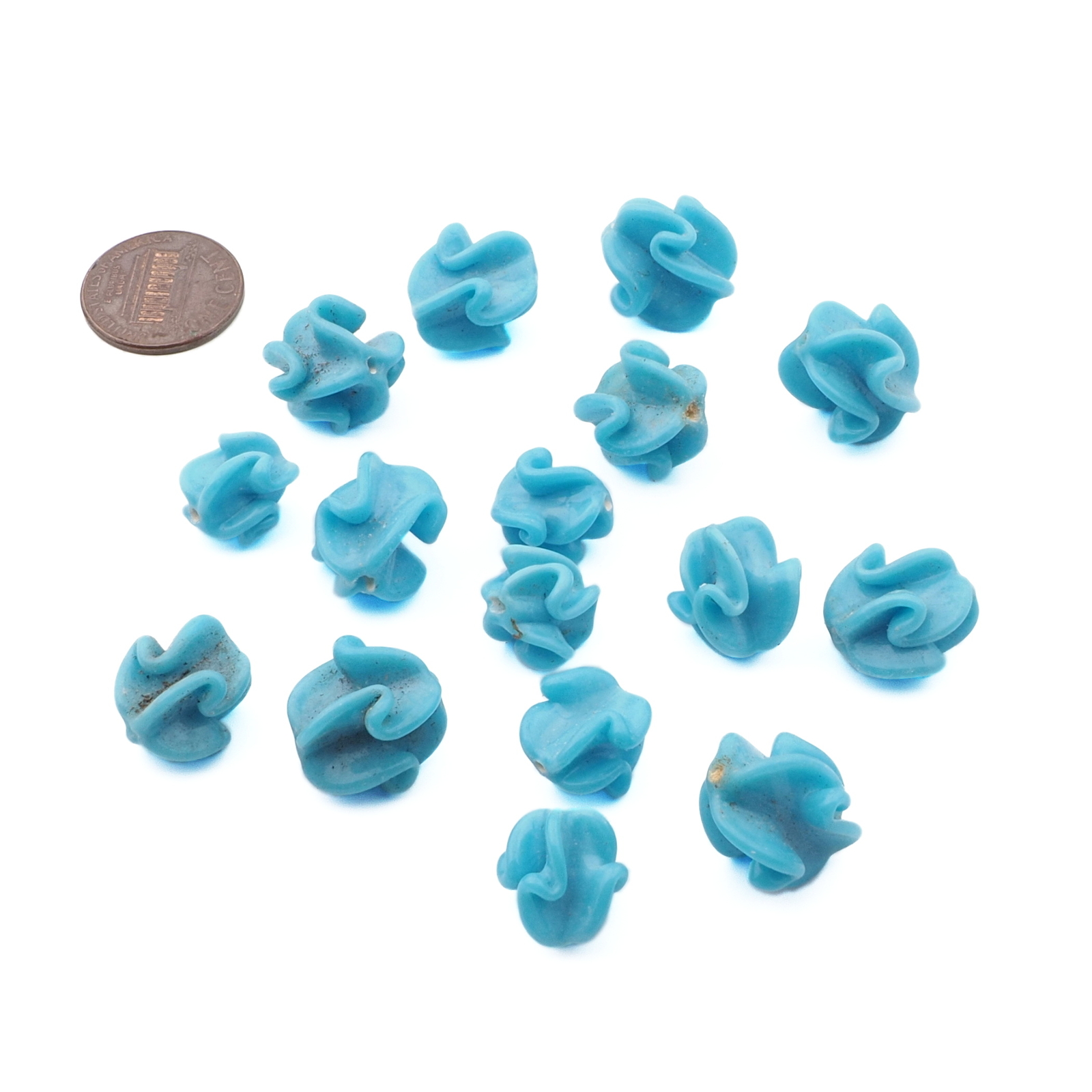 Lot (16) Czech Art Deco blue glass twist flower lampwork glass beads