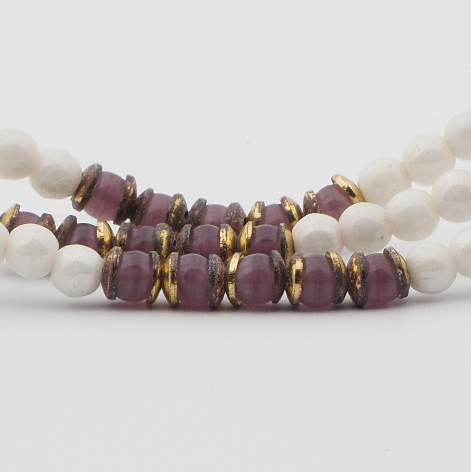 Vintage Czech 3 strand necklace white purple round glass beads 20"
