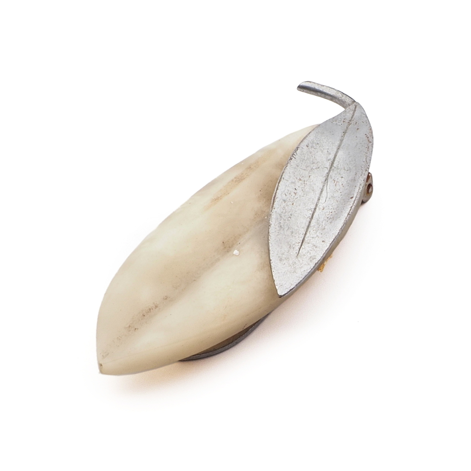 Art Deco antique Czech silver and mother of pearl celluloid leaf dress clip