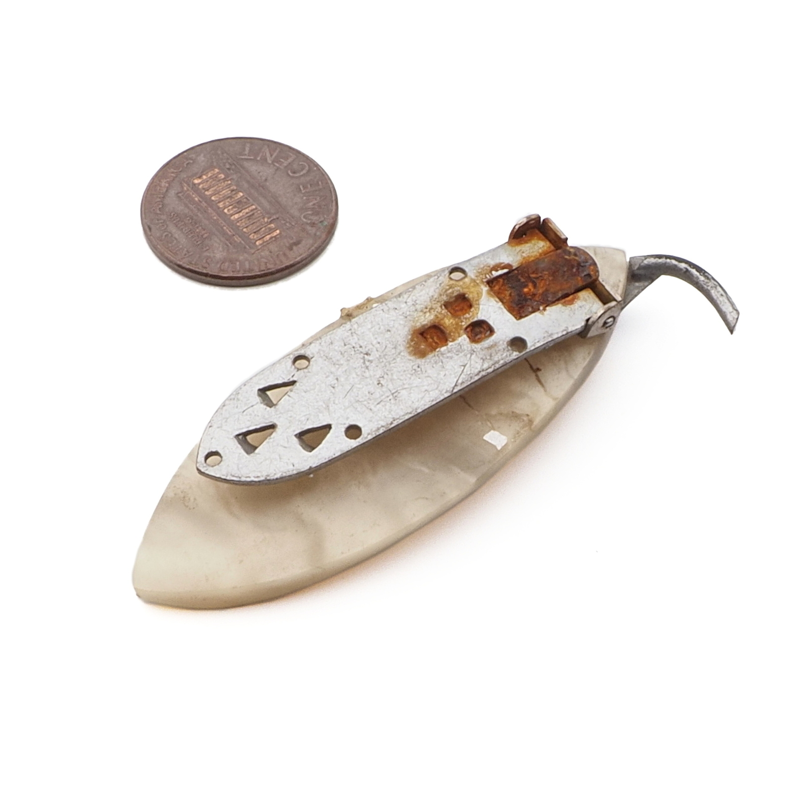 Art Deco antique Czech silver and mother of pearl celluloid leaf dress clip