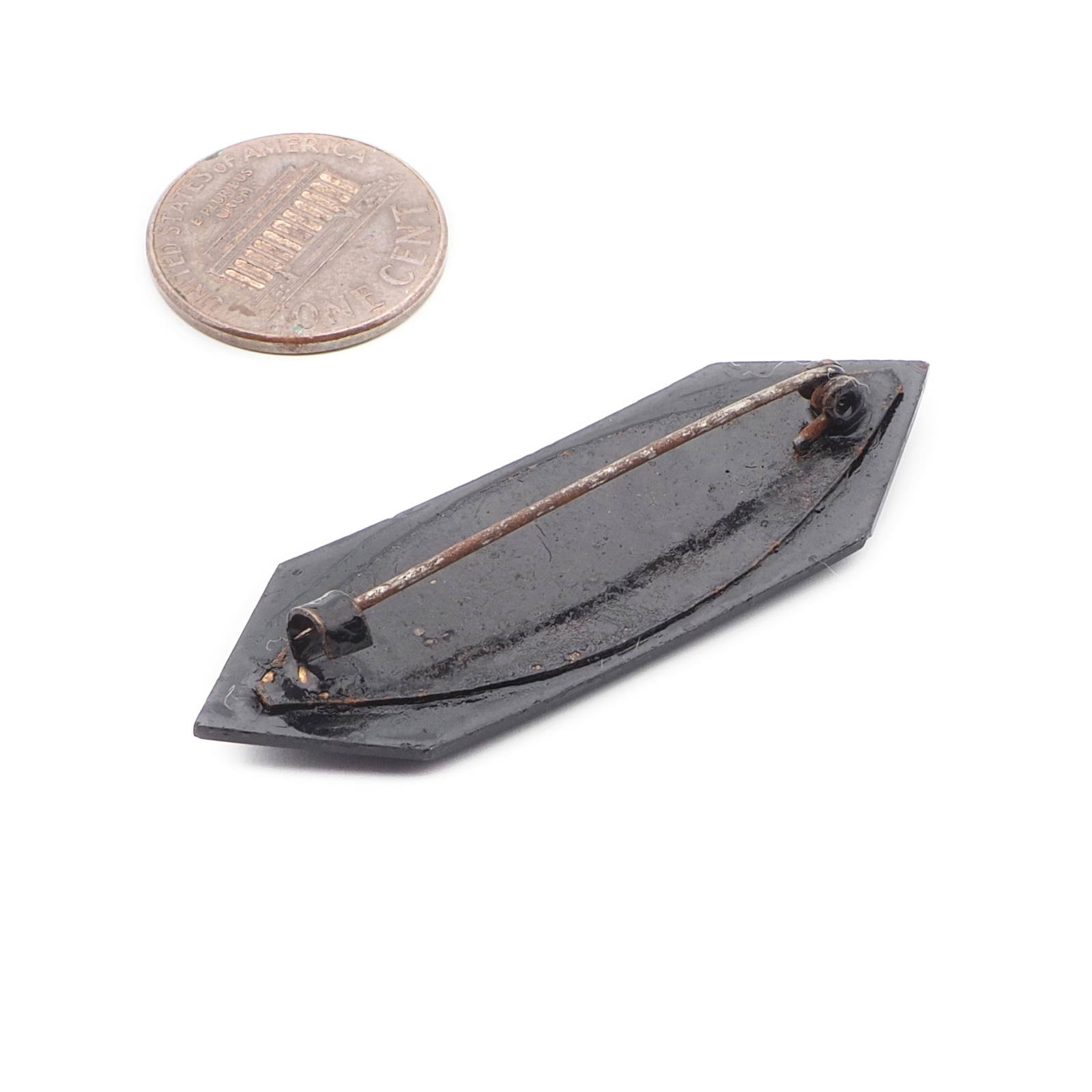 Czech Antique Victorian geometric etched jet black mourning glass pin brooch