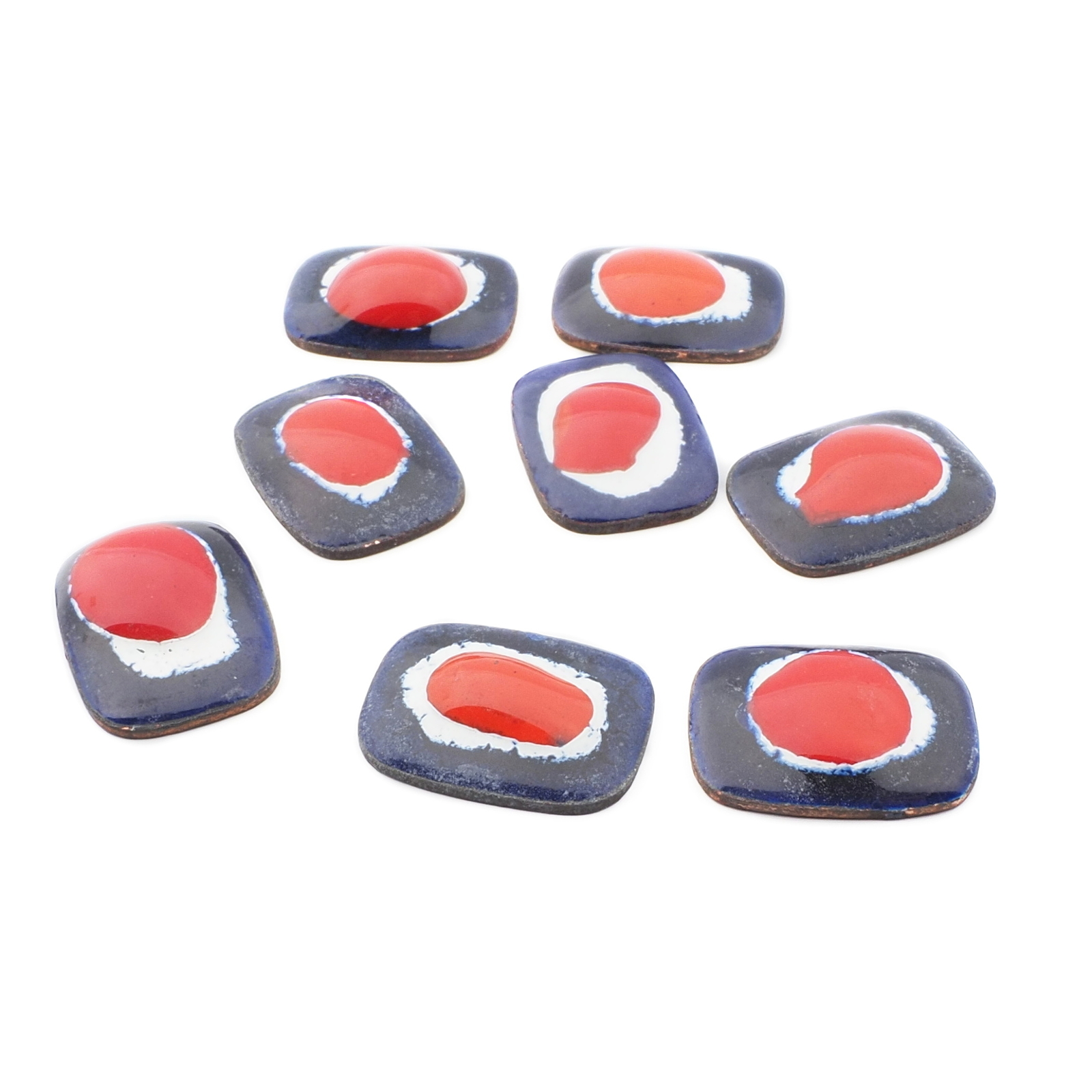 Lot (8) vintage Czech red white blue enamel glass over metal rectangle cabochons 21mm