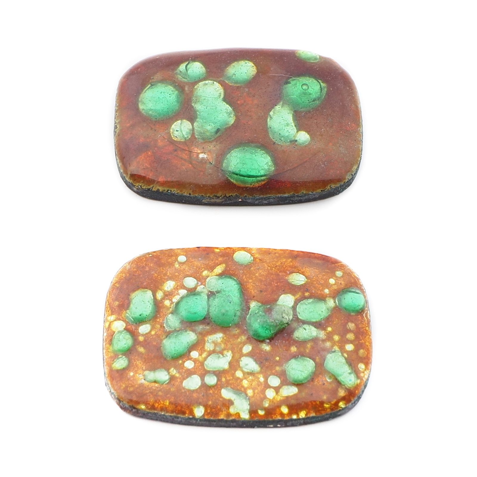 Lot (2) vintage Czech bubble amber enamel glass foiled metal rectangle cabochons 21mm