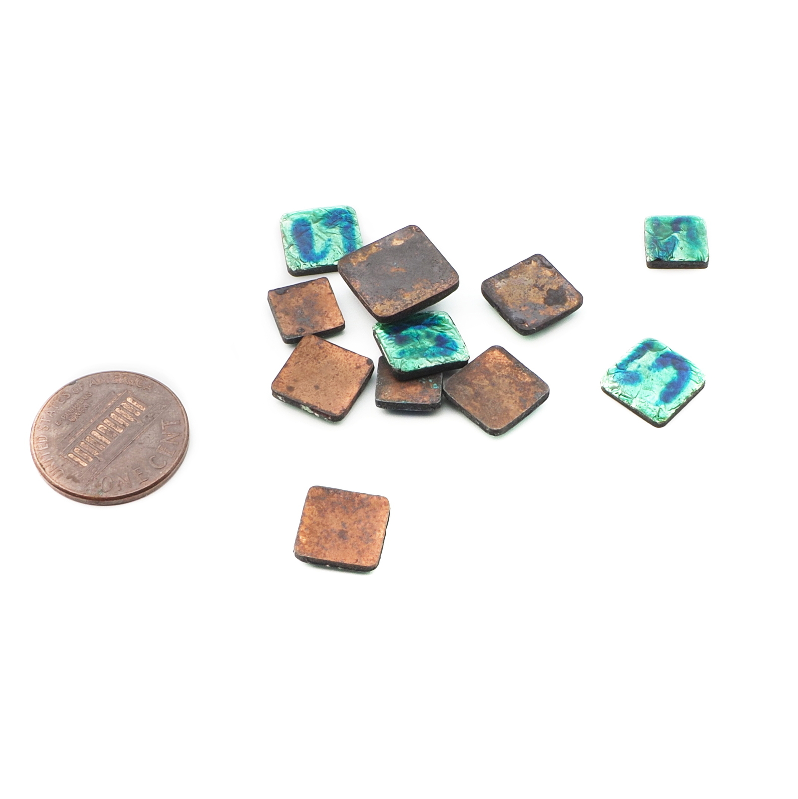 Lot (12) vintage Czech glass over foiled metal abstract square cabochons
