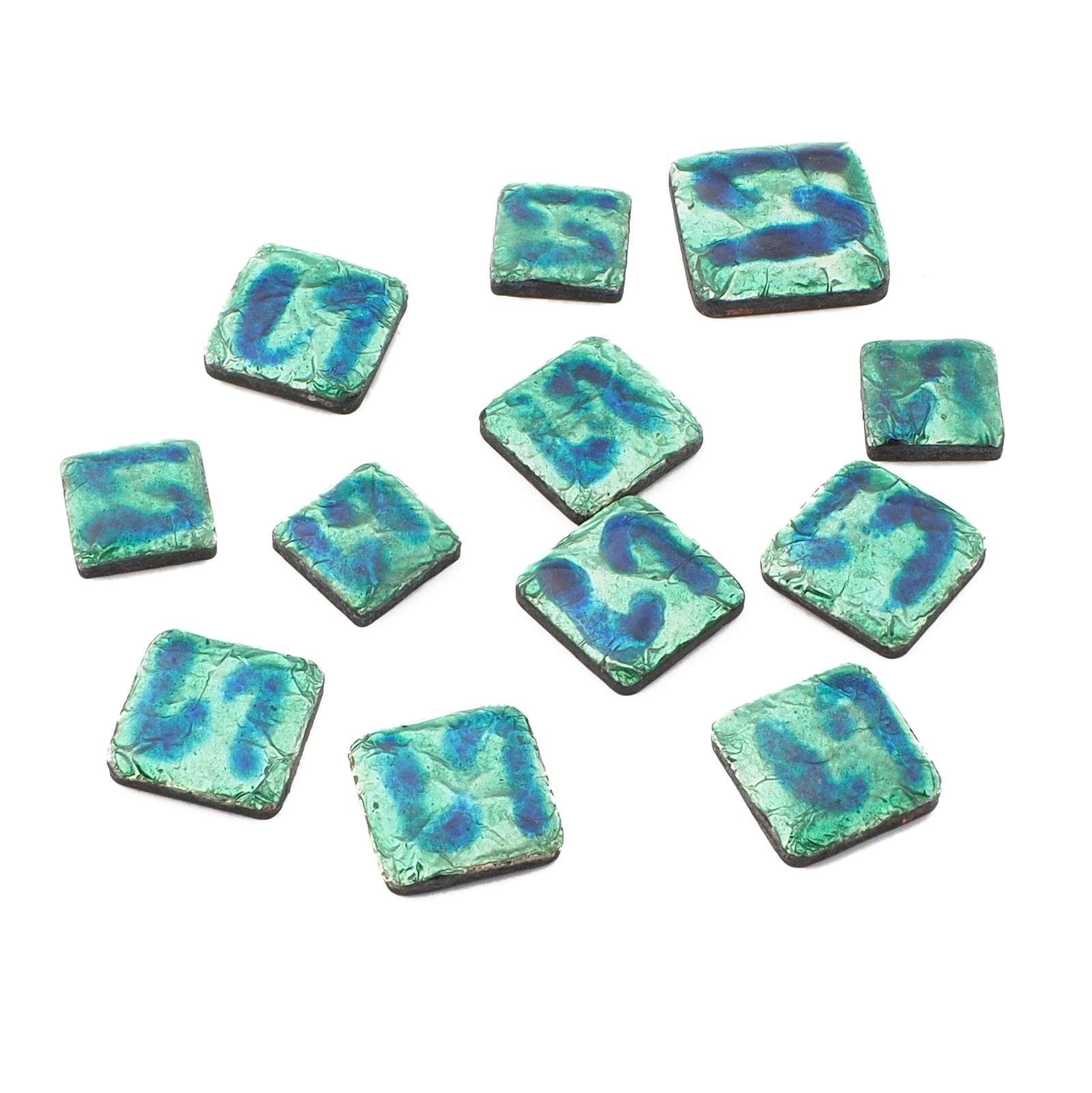 Lot (12) vintage Czech glass over foiled metal abstract square cabochons