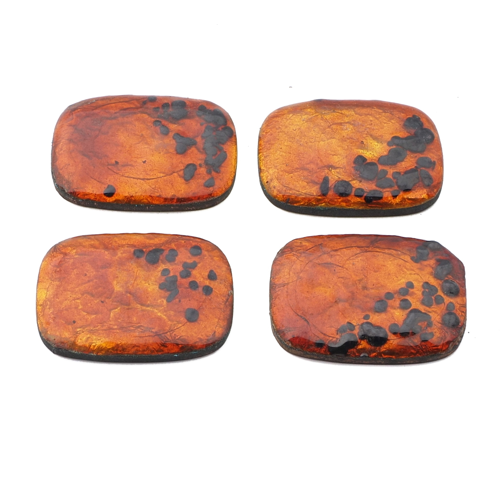 Lot (4) vintage Czech amber enamel glass foiled metal rectangle cabochons 21mm