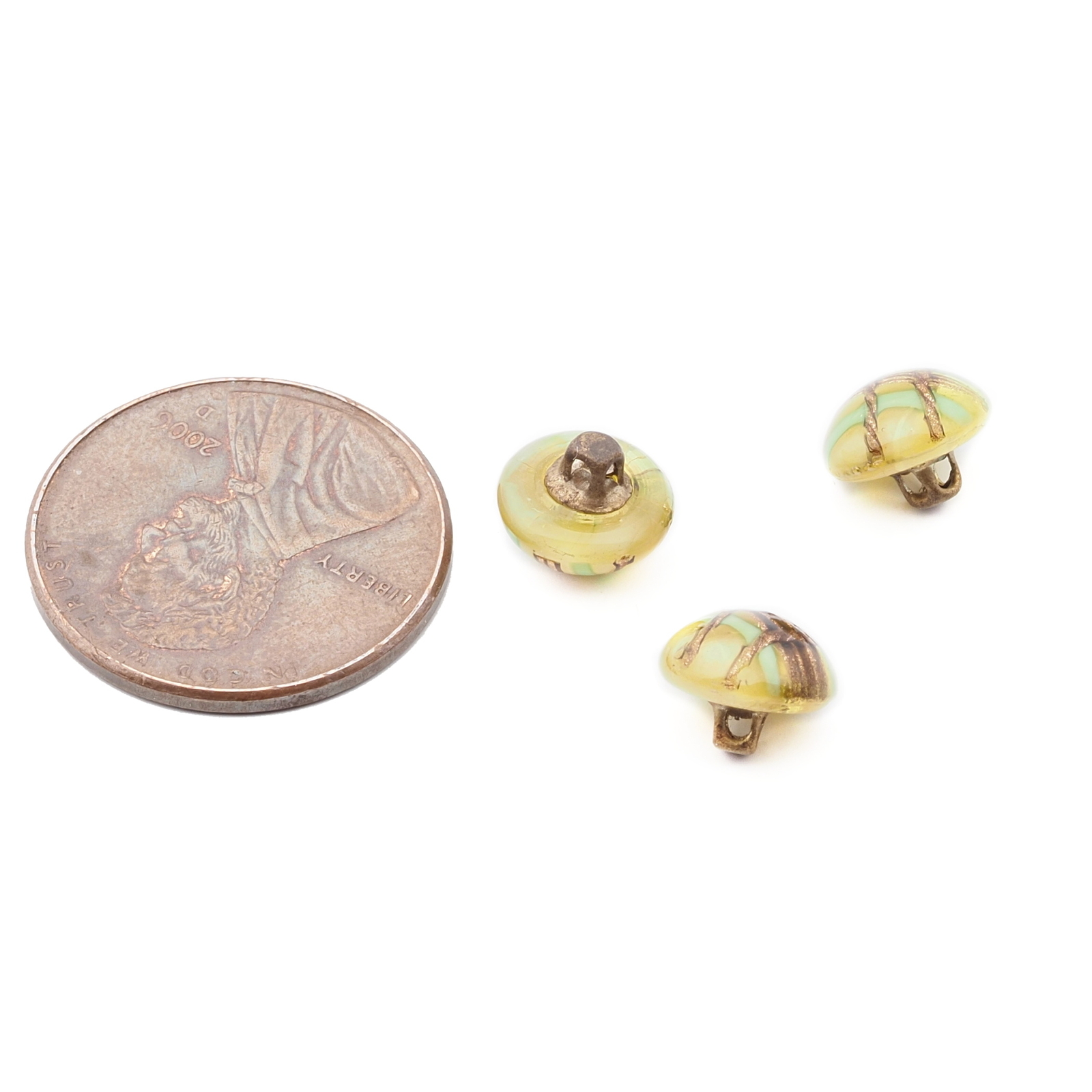 Lot (3) Antique Czech micro lampwork aventurine yellow dimi glass buttons 8mm
