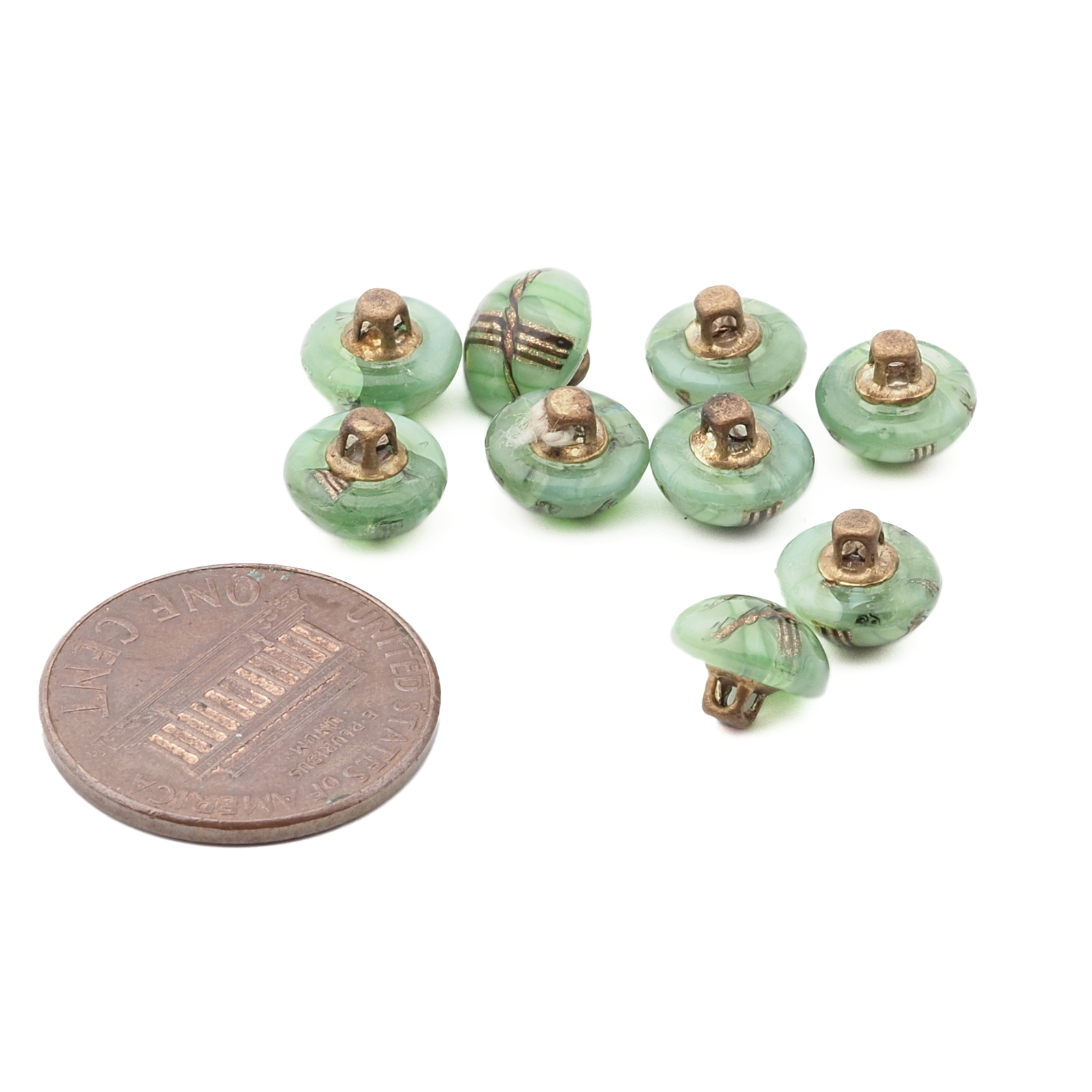 Lot (9) Antique Czech micro lampwork aventurine green dimi glass buttons 8mm
