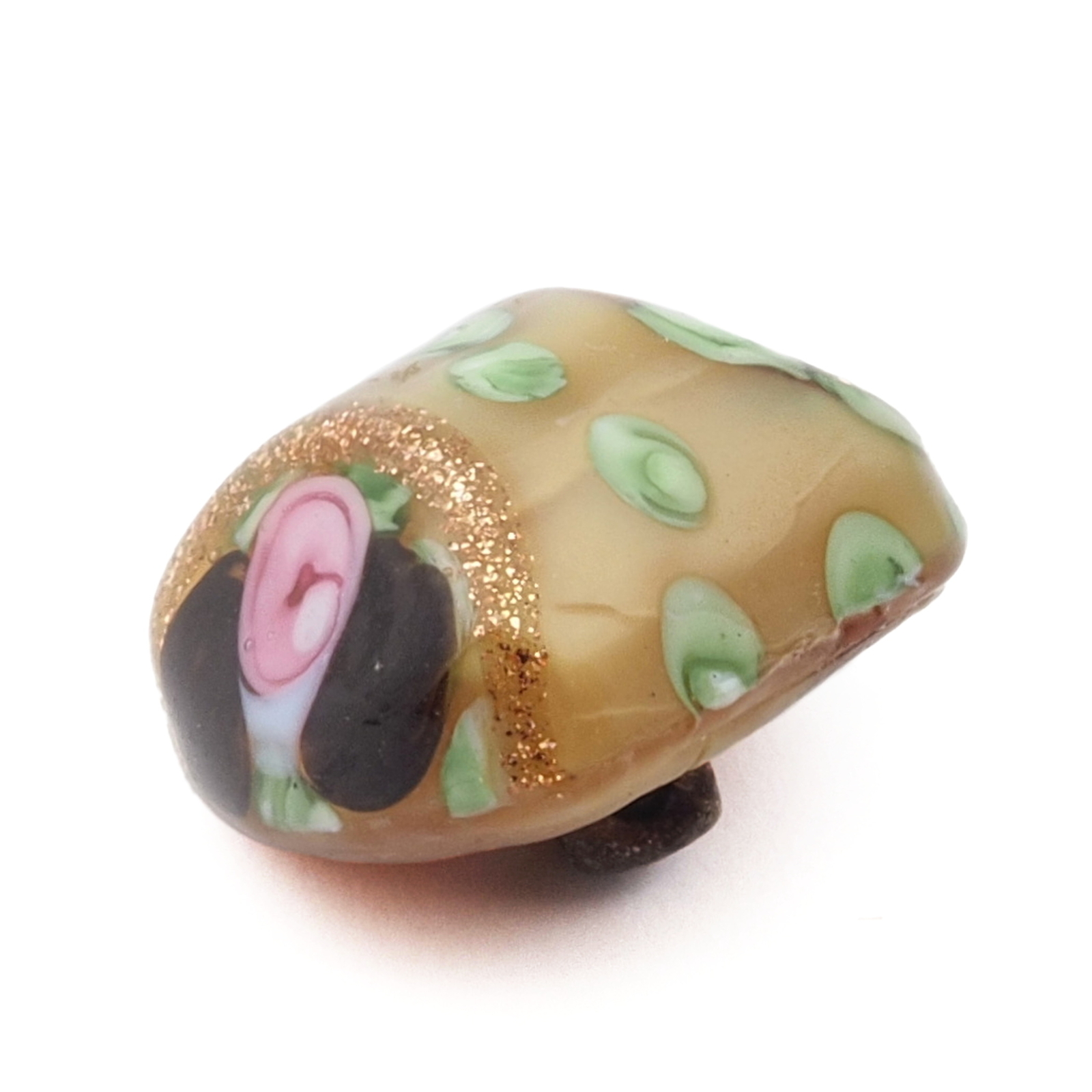 Antique Czech micro lampwork aventurine pink eyes green satin square glass button 10mm