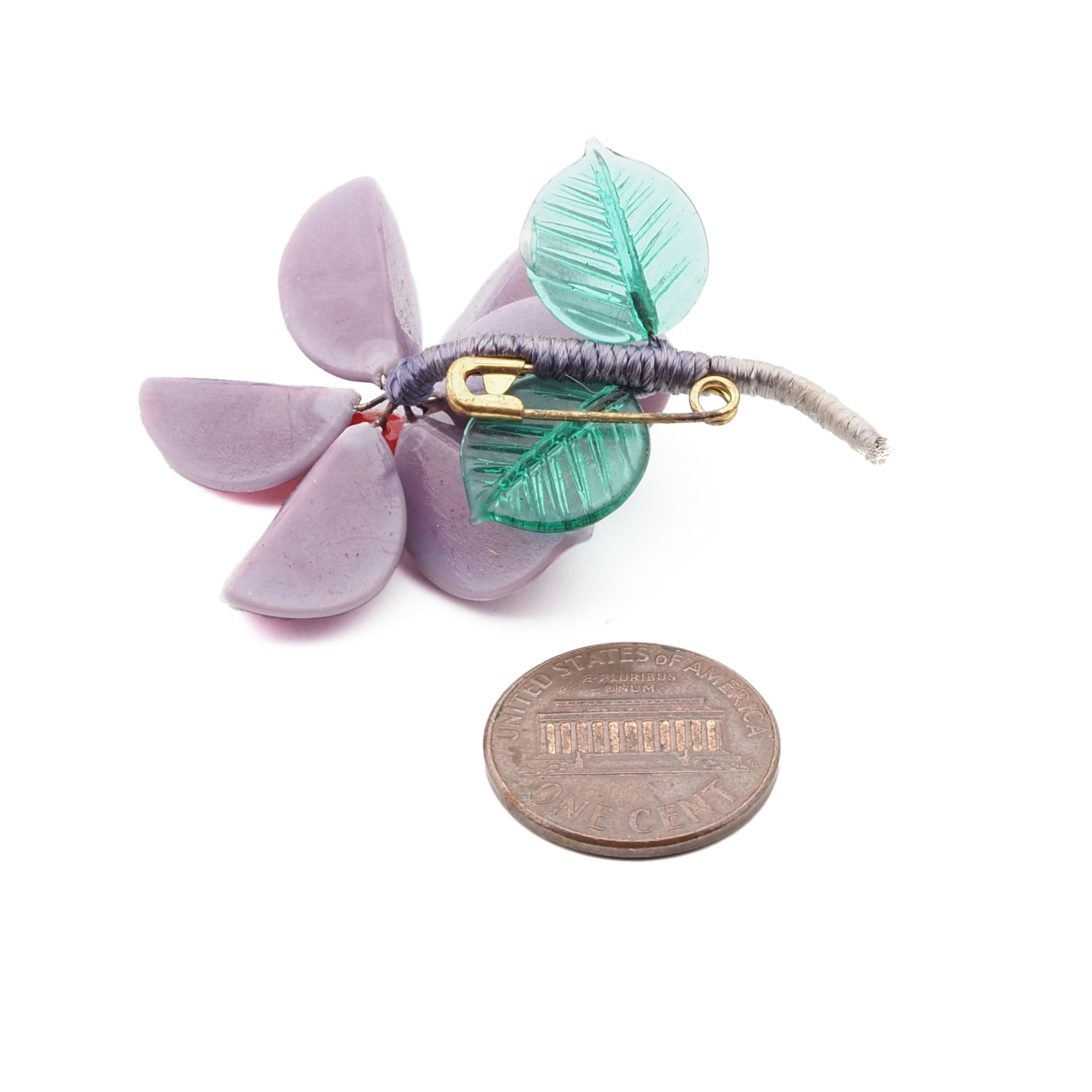 Vintage Czech lampwork glass beaded lilac flower pin brooch