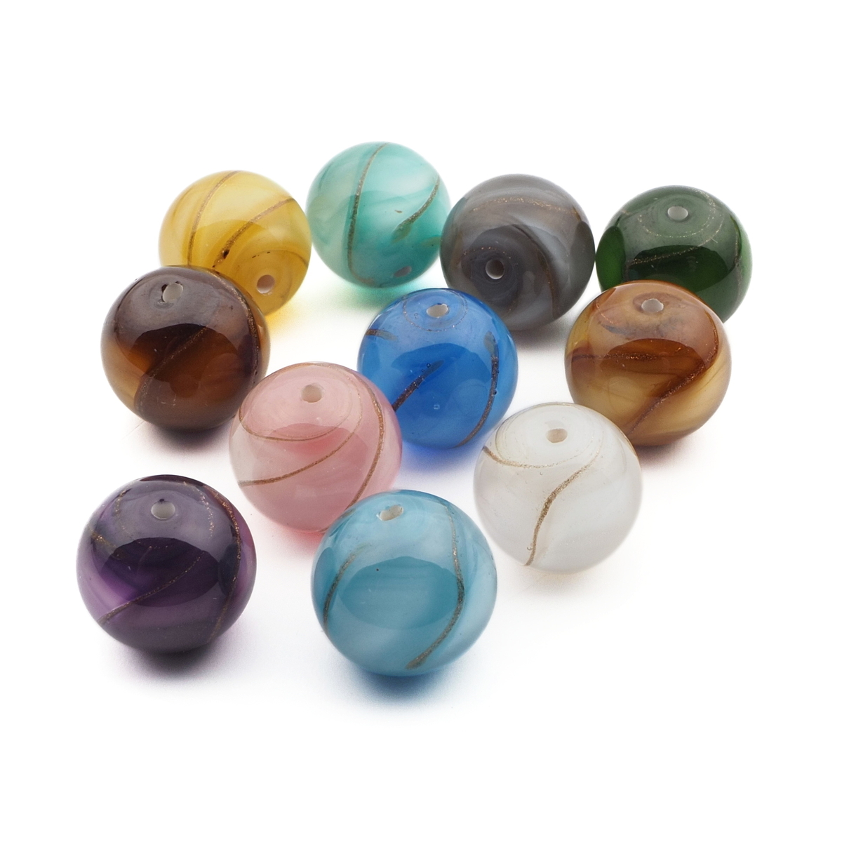 Lot (11) Czech aventurine swirl satin lampwork glass beads 12mm
