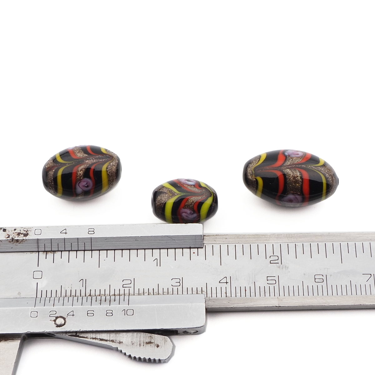 Lot (3) Czech feather marble black oval lampwork glass beads 