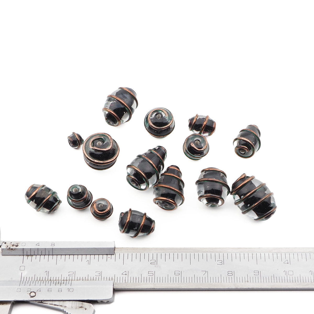 Lot (15) Czech black lined gold overlay clear lampwork glass beads