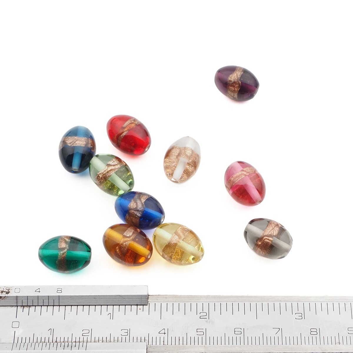 Lot (11) Czech aventurine gold band oval lampwork glass beads 15mm