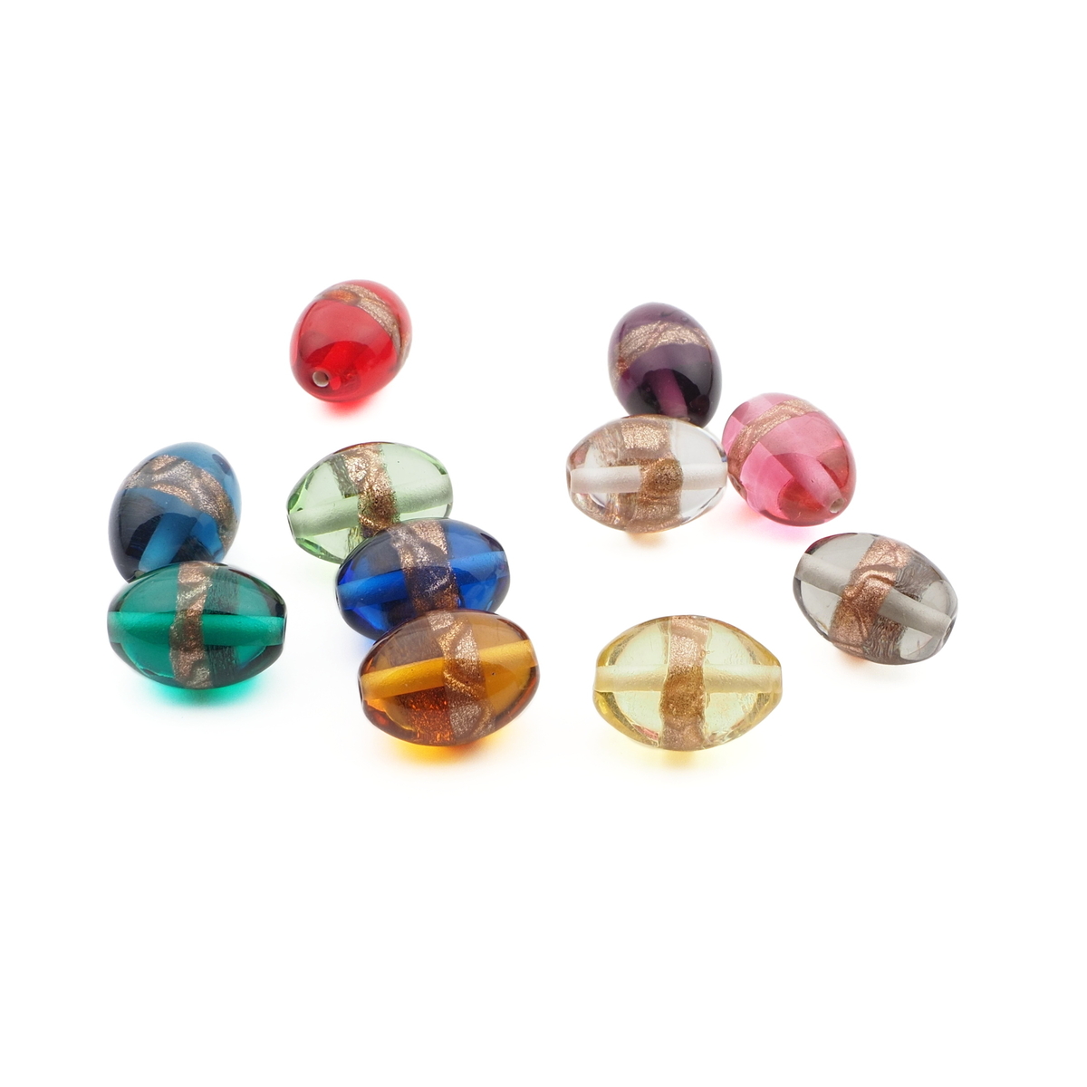 Lot (11) Czech aventurine gold band oval lampwork glass beads 15mm