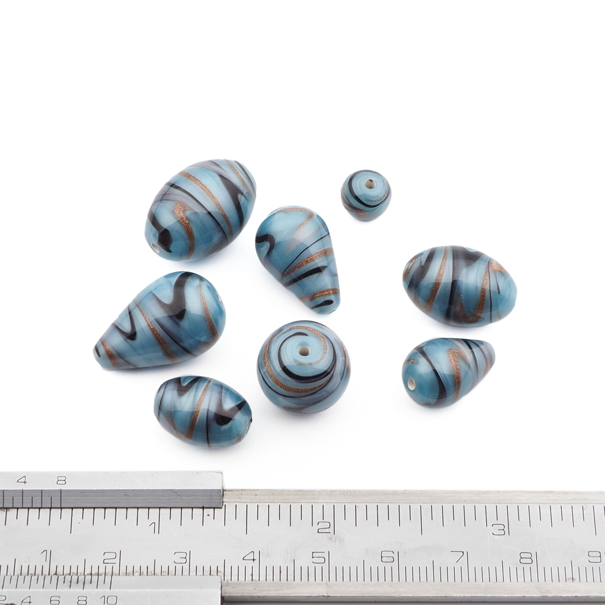 Lot (8) Czech aventurine gold black swirl turquoise lampwork glass beads