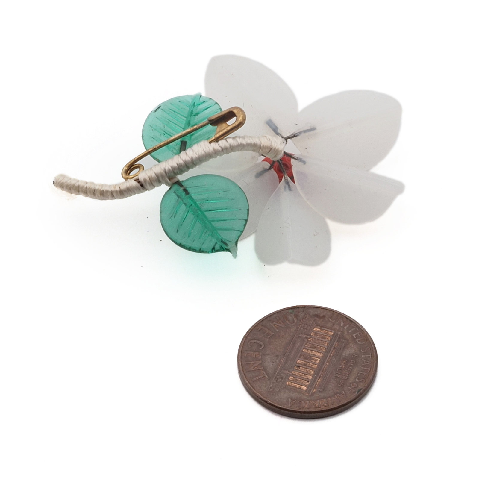 Vintage Czech lampwork glass bead opaline white flower pin brooch