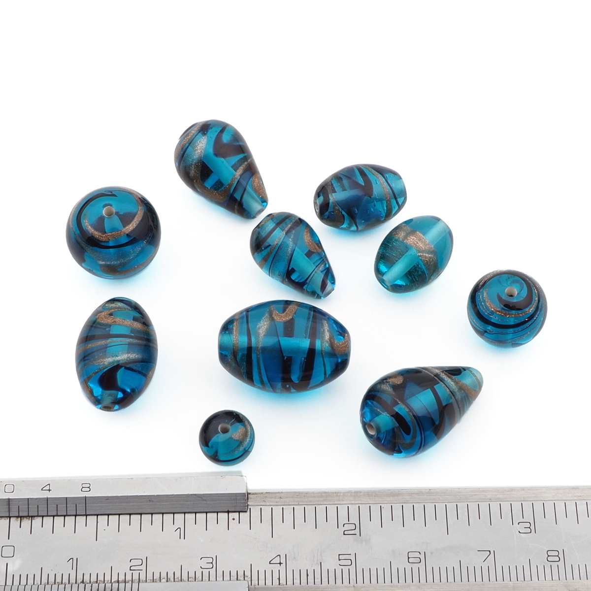 Lot (10) Czech aventurine gold black swirl blue lampwork glass beads