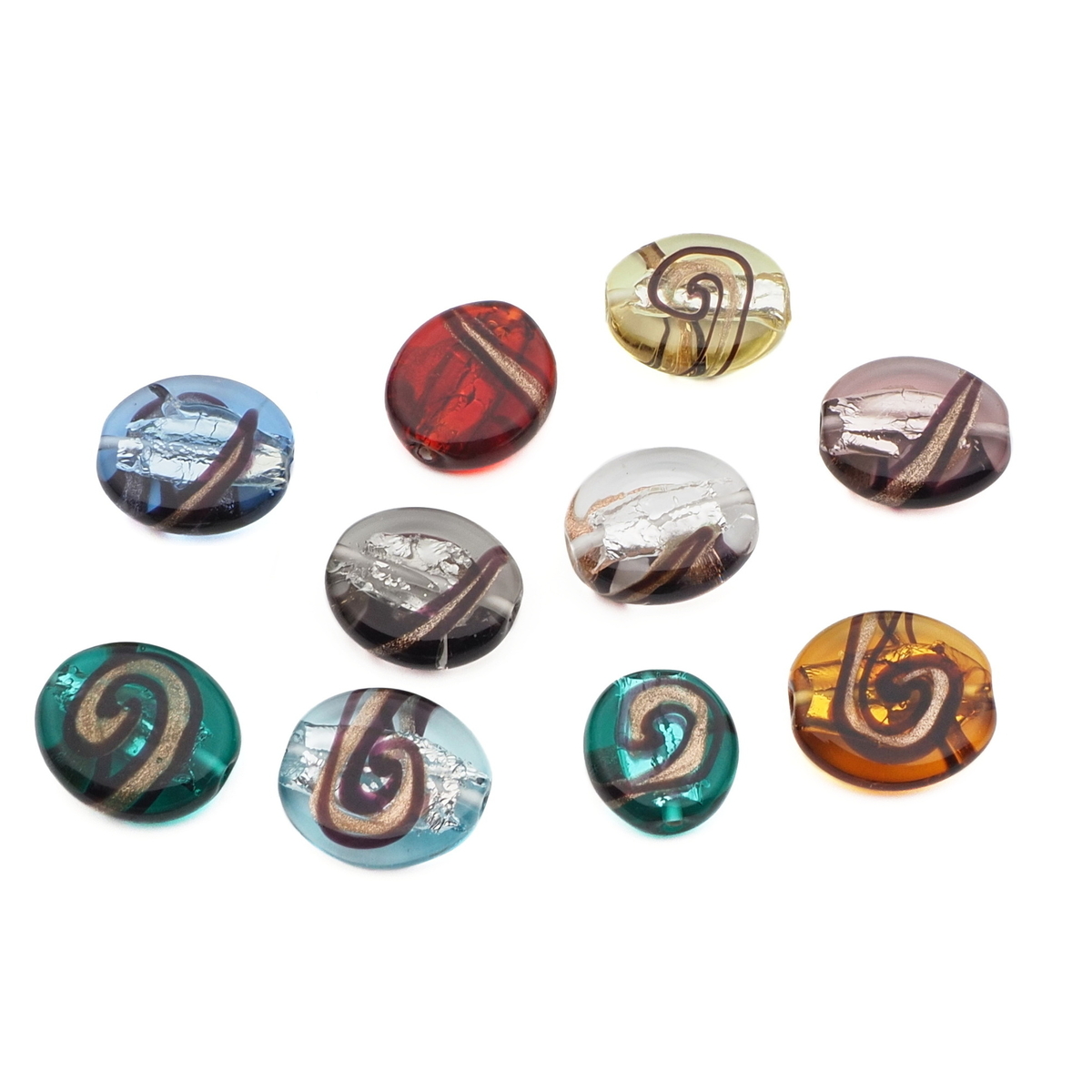 Lot (10) Czech silver lined aventurine gold black swirl oval lampwork glass beads 