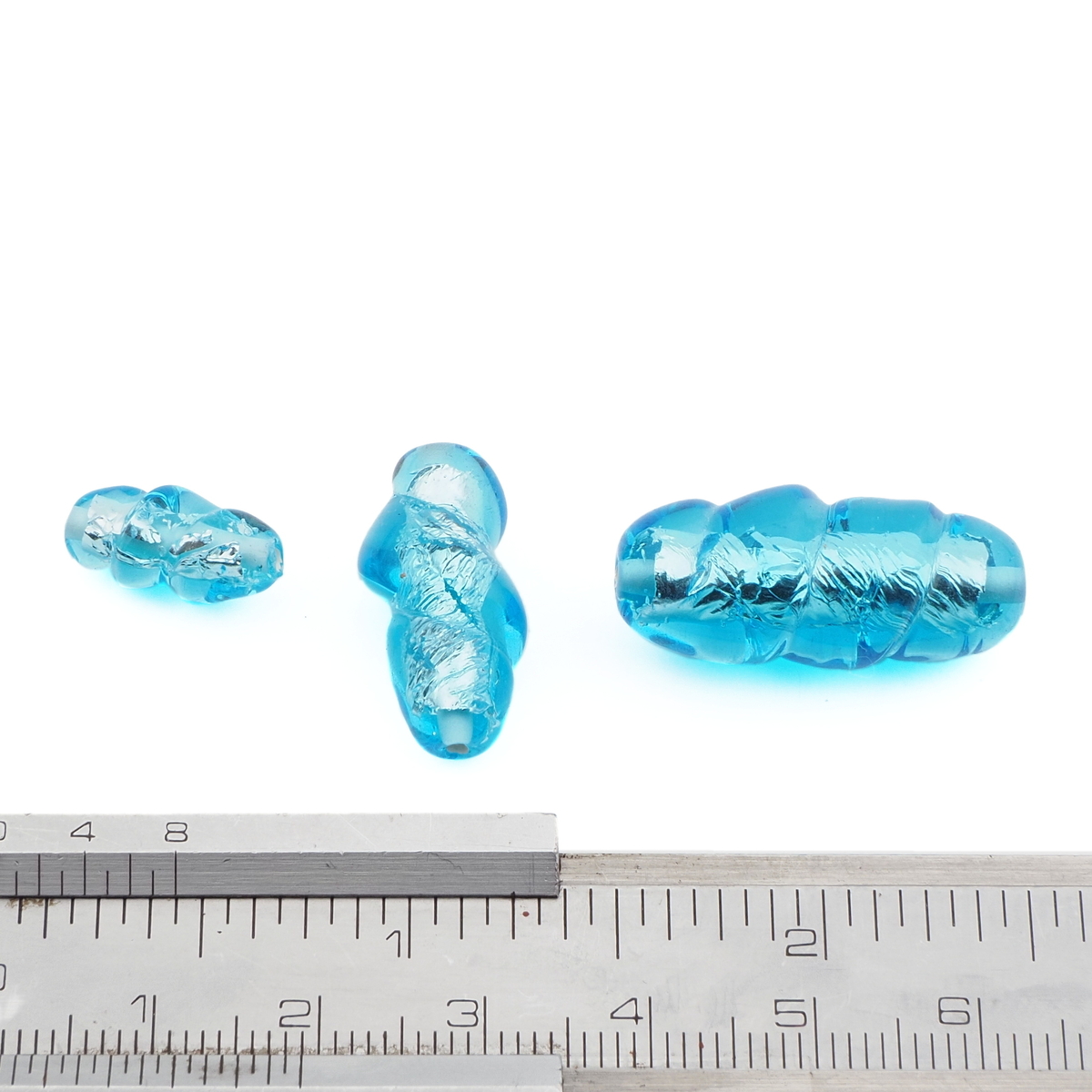 Lot (3) Czech silver lined blue oval twist lampwork glass beads 