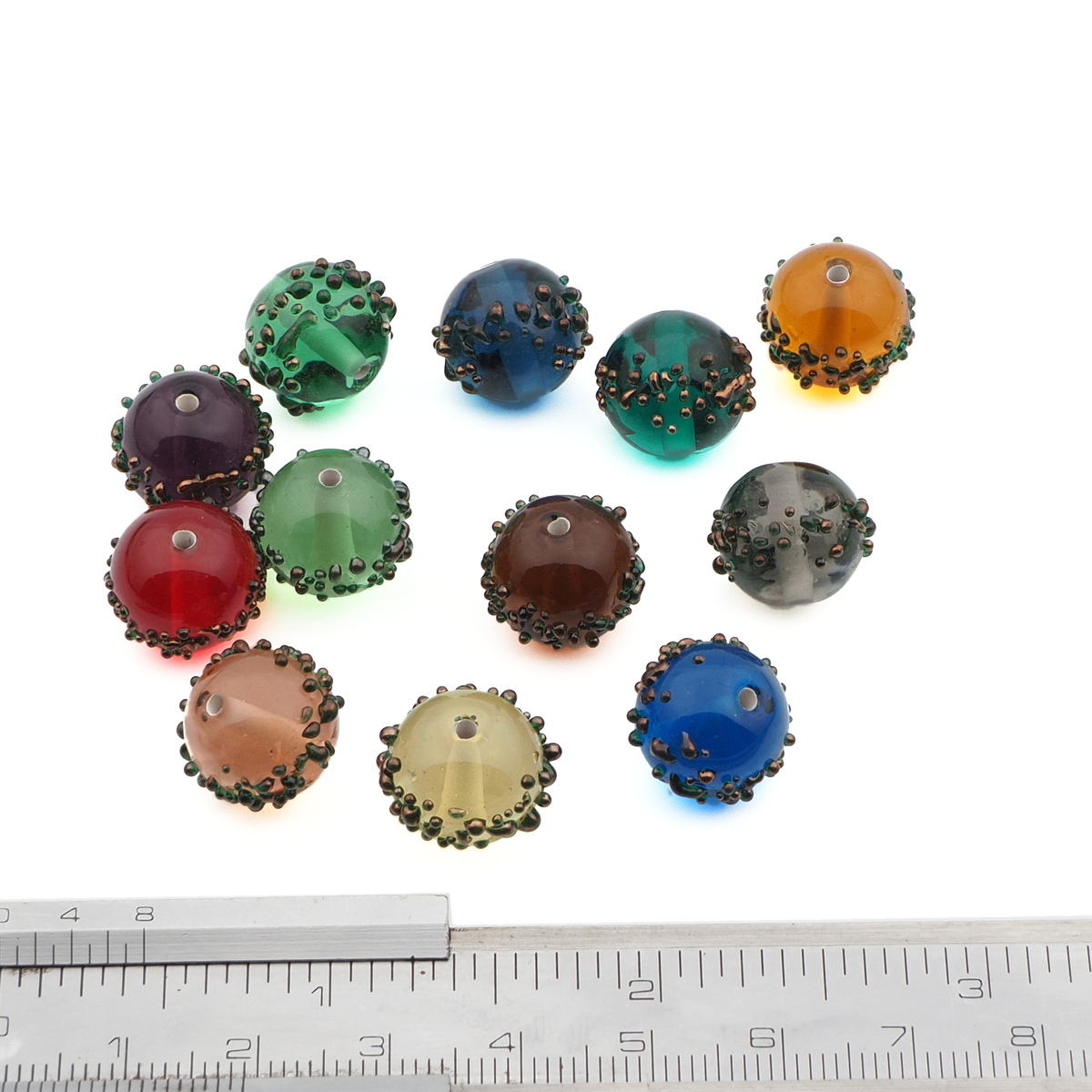 Lot (12) Czech copper spot overlay round lampwork glass beads 12mm