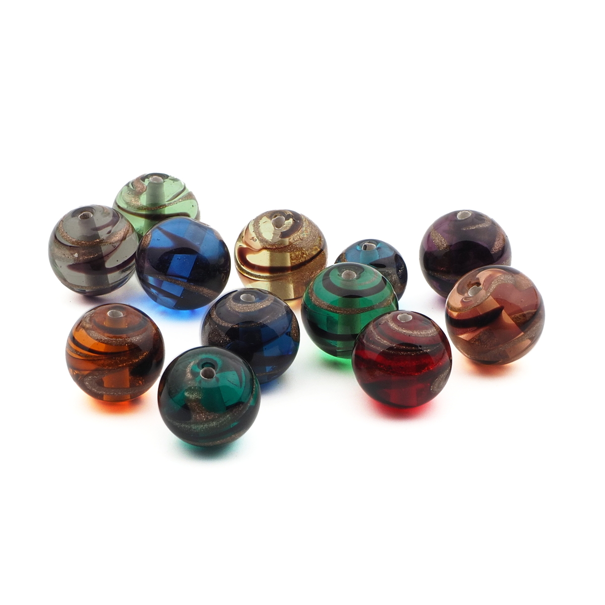 Lot (12) Czech aventurine gold black swirl round lampwork glass beads