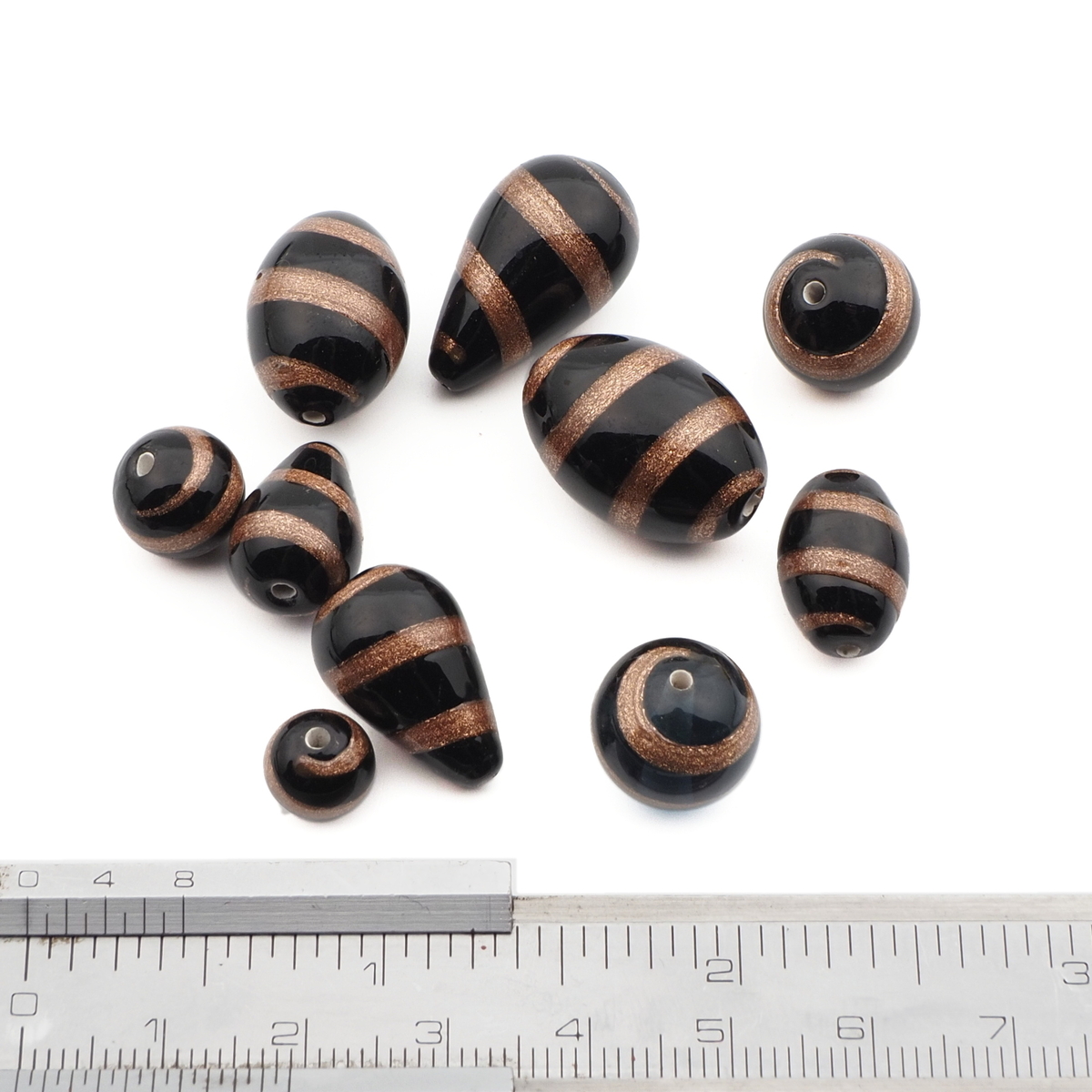 Lot (10) Czech aventurine gold spiral black lampwork glass beads