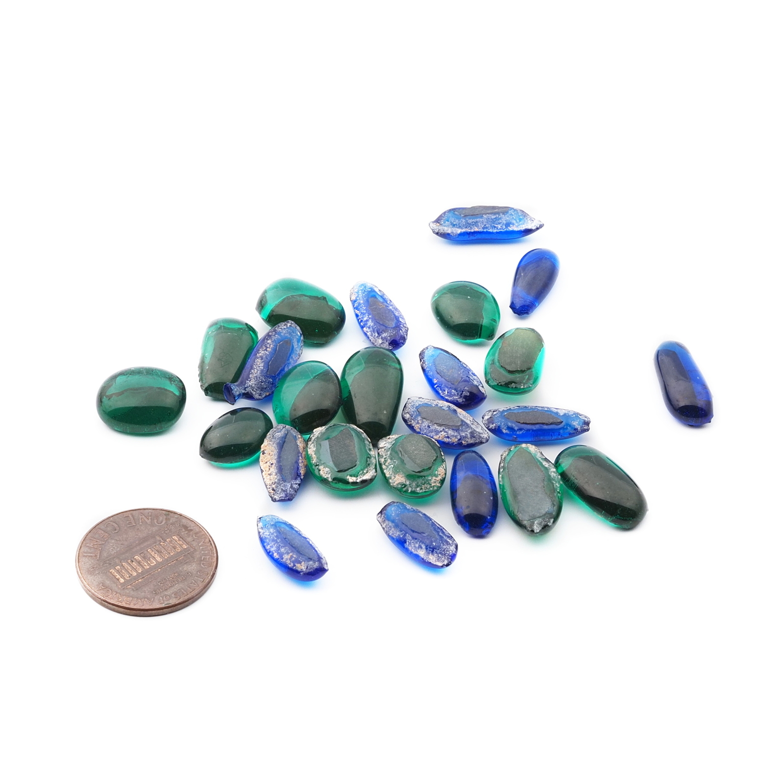 Lot (24) Czech antique Sapphire blue Emerald green oval glass cabochon drops craft supplies