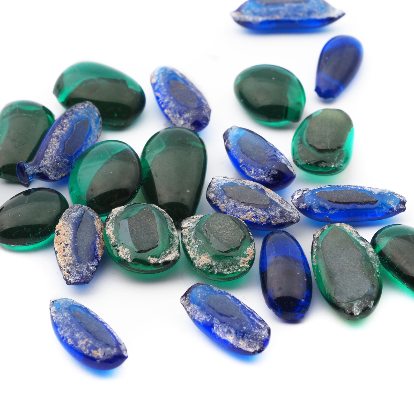 Lot (24) Czech antique Sapphire blue Emerald green oval glass cabochon drops craft supplies