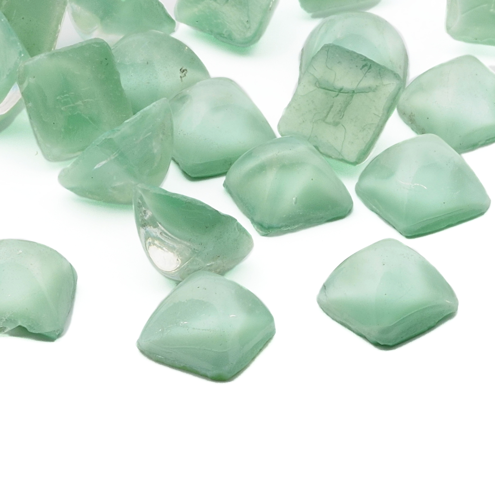 Lot (24) Czech vintage green satin moonglow square domed glass cabochons 12mm 