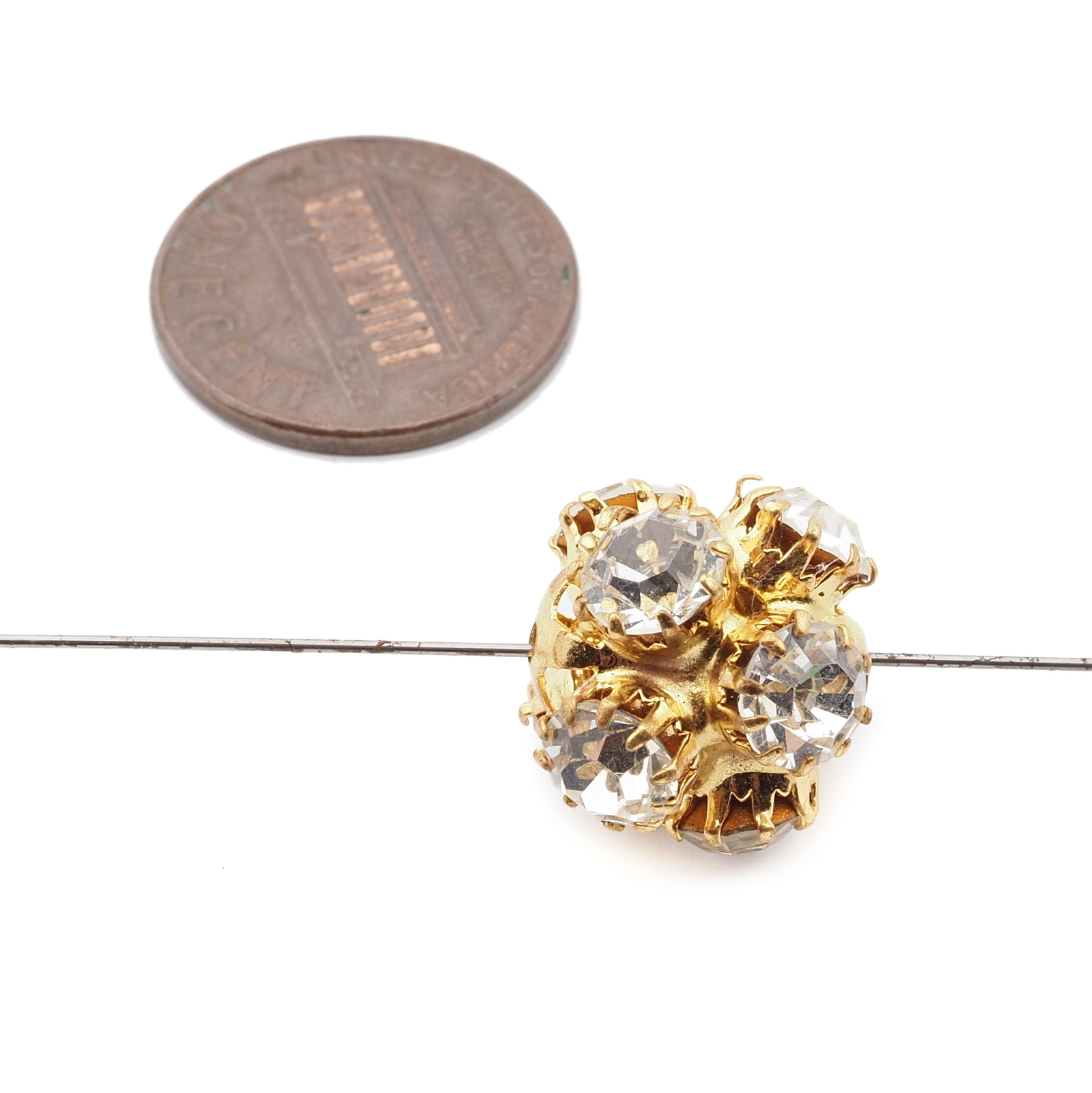 Czech crystal glass rhinestone gold tone metal ball bead 14mm