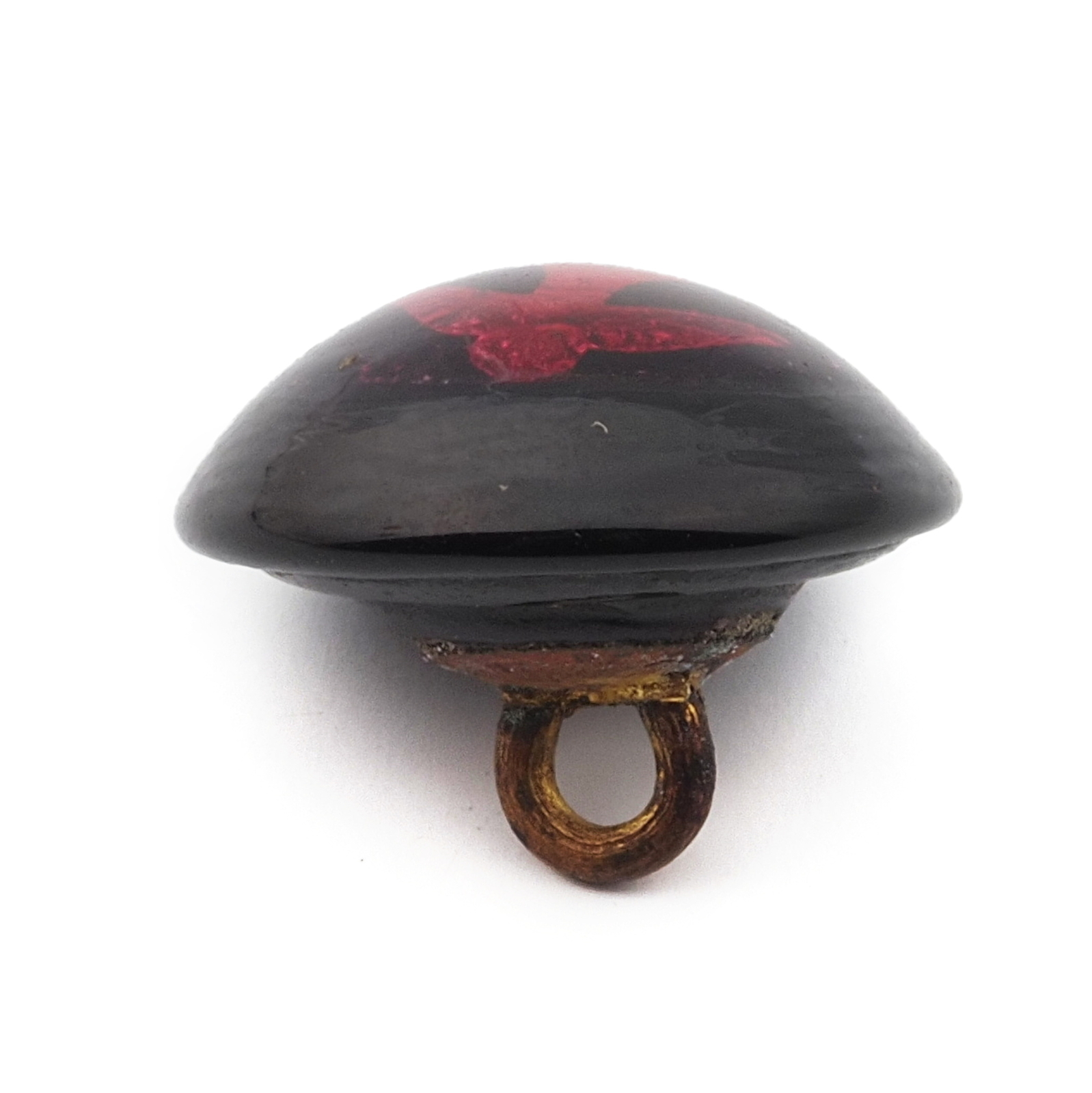 Antique Czech micro lampwork pink foil bird under glass button 15mm