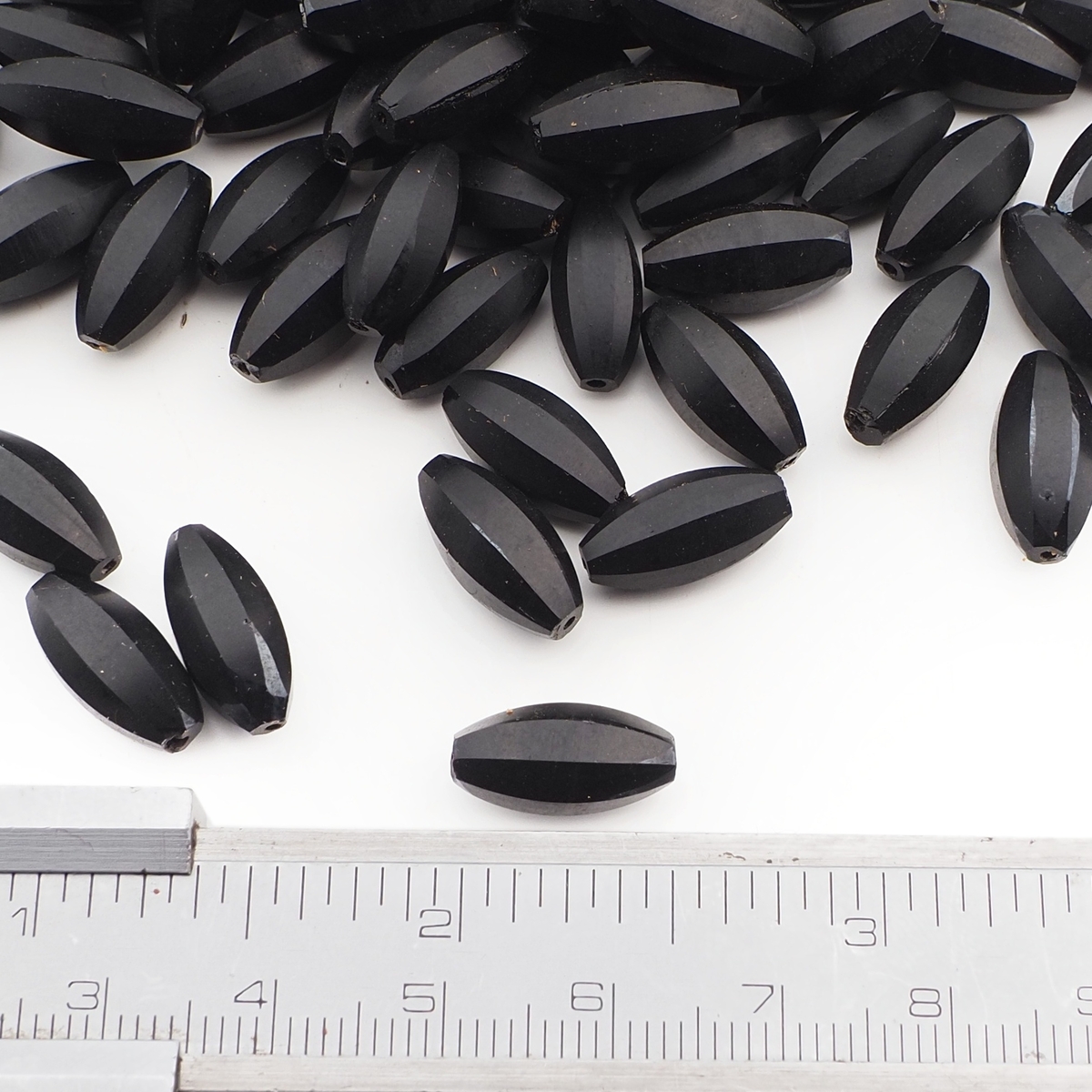 Lot (105) Czech antique oval melon faceted matte black glass beads 13mm