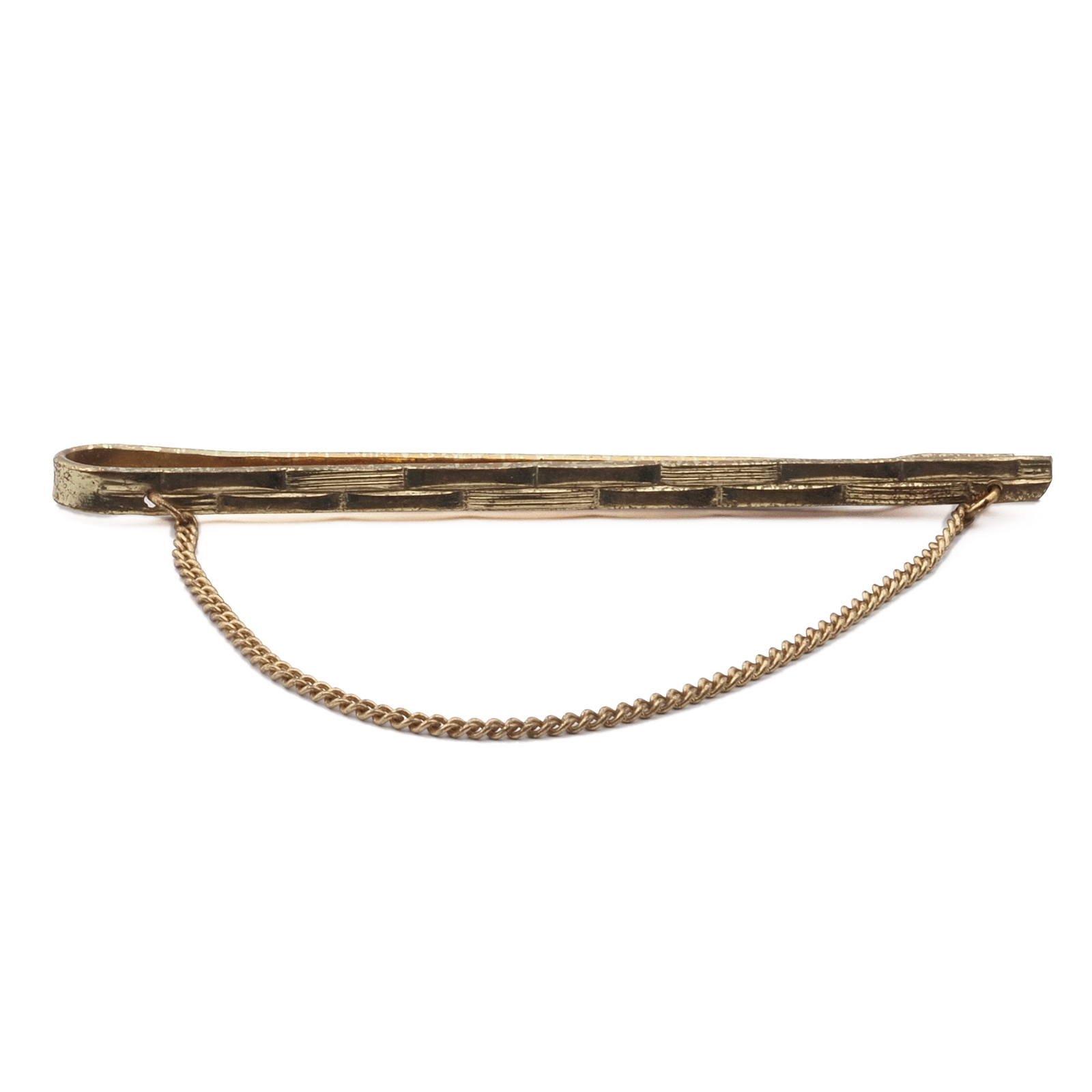Retro vintage gold tone plated metal tie clip bar with chain