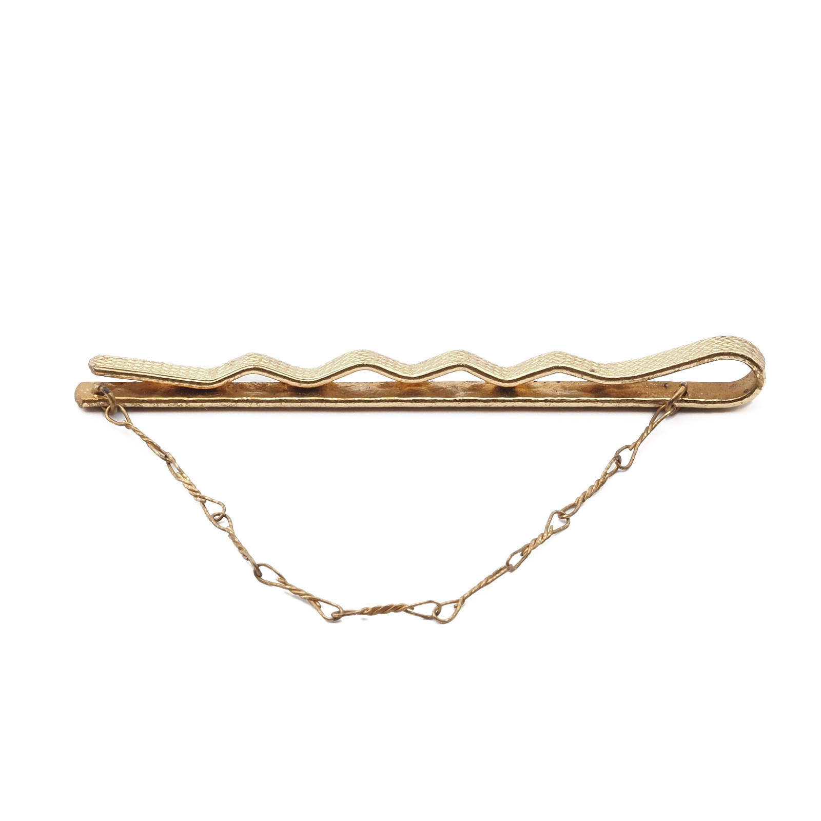 Vintage gold tone plated metal tie clip bar with chain