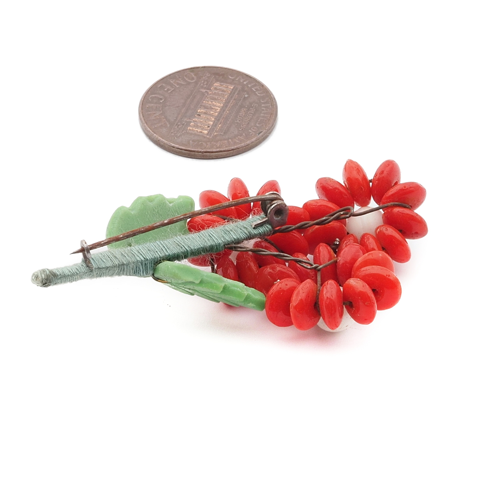 Vintage Czech flower pin brooch red rondelle green leaf glass beads