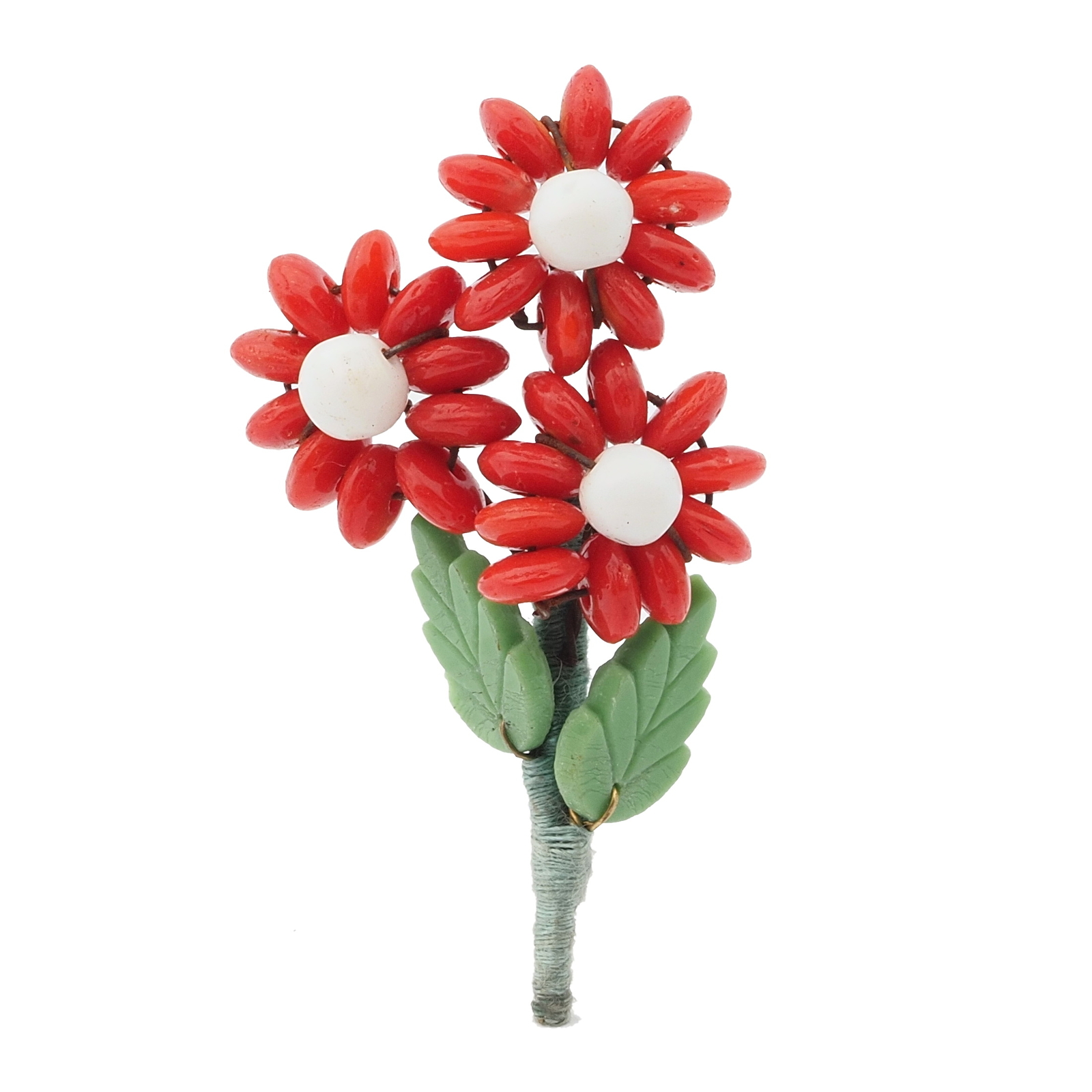 Vintage Czech flower pin brooch red rondelle green leaf glass beads