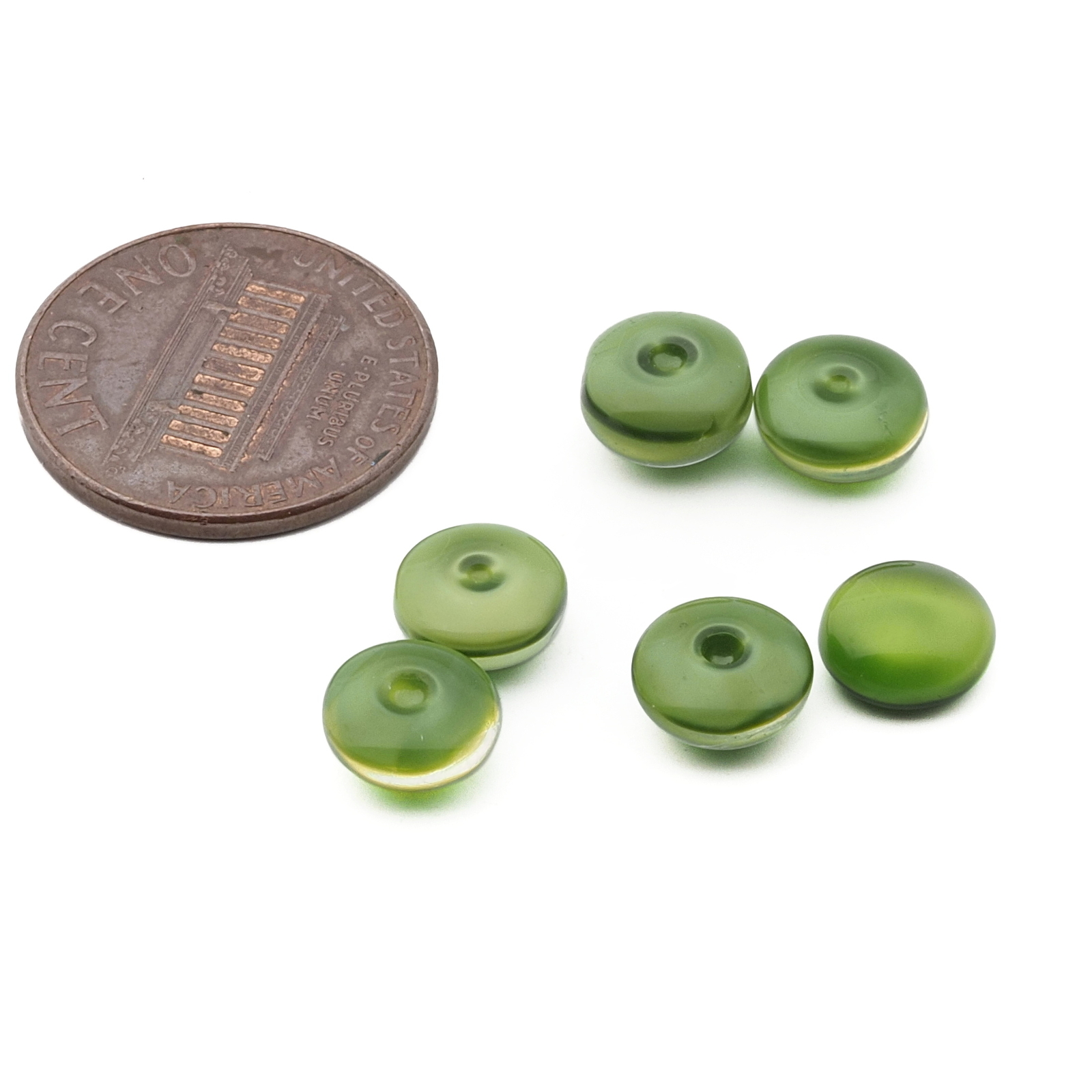Lot (6) Vintage Czech green moonglow round glass cabochons headpin beads 8mm